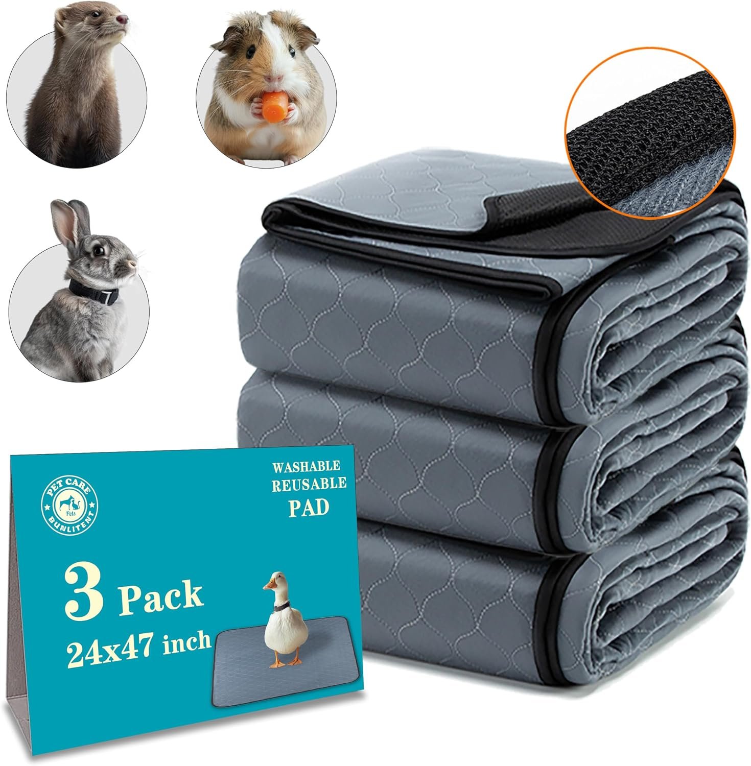 Bunlitent Washable Guinea Pig Cage Liner, 24×47 (3 Pack), for Small Animals | Waterproof, Reusable, Anti Slip, Guinea Pig Bedding Fast and Super Absorbent Pee Pad for Midwest Cage Area, Grey