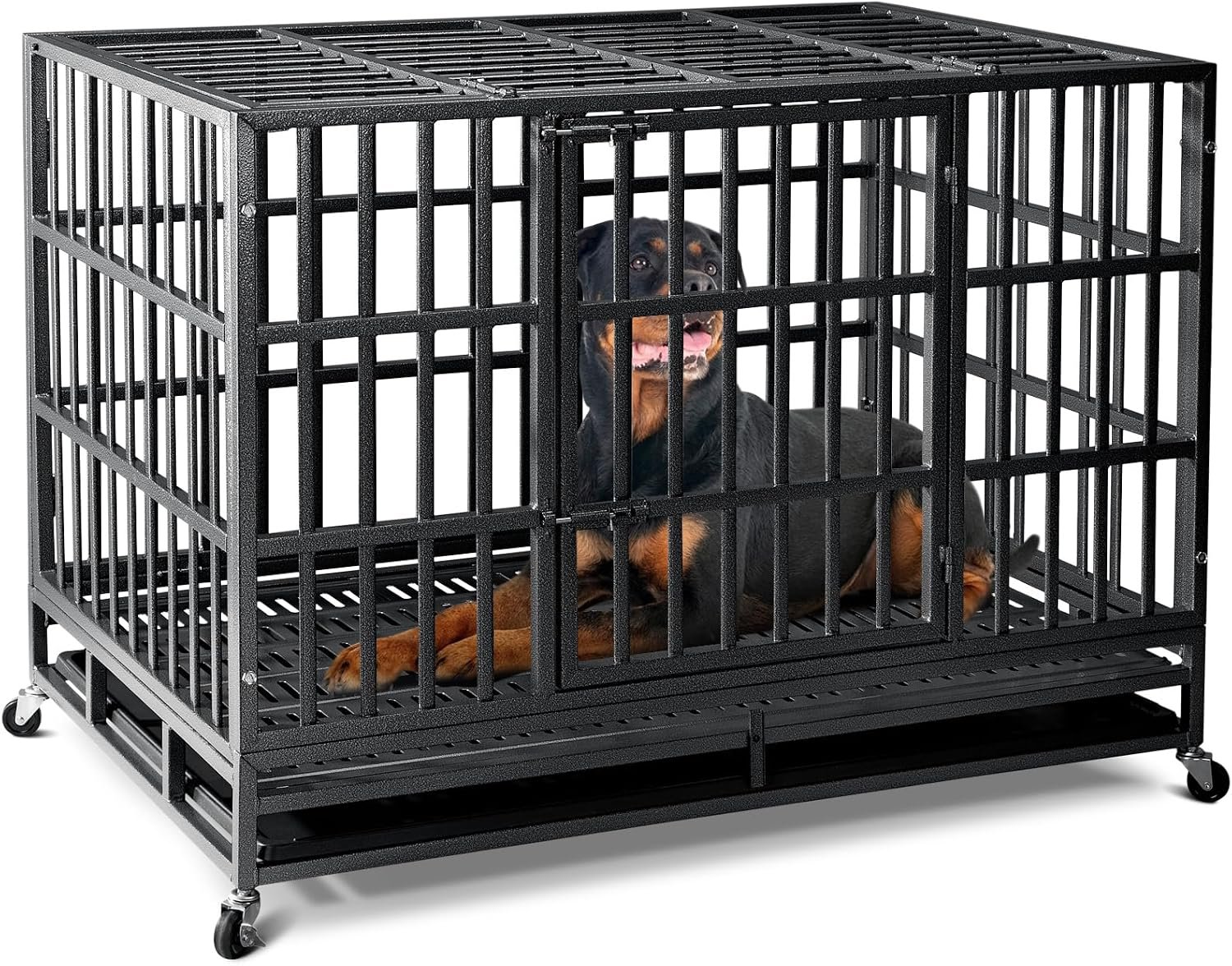 Oranland 48 Inch Heavy Duty Dog Crate for High Anxiety Large Dogs,Black | Escape Proof Dog Kennel,Upgraded Reinforced Baseplate Supports 300 lb,Large Space,Removable Tray,Pre-assembled Design