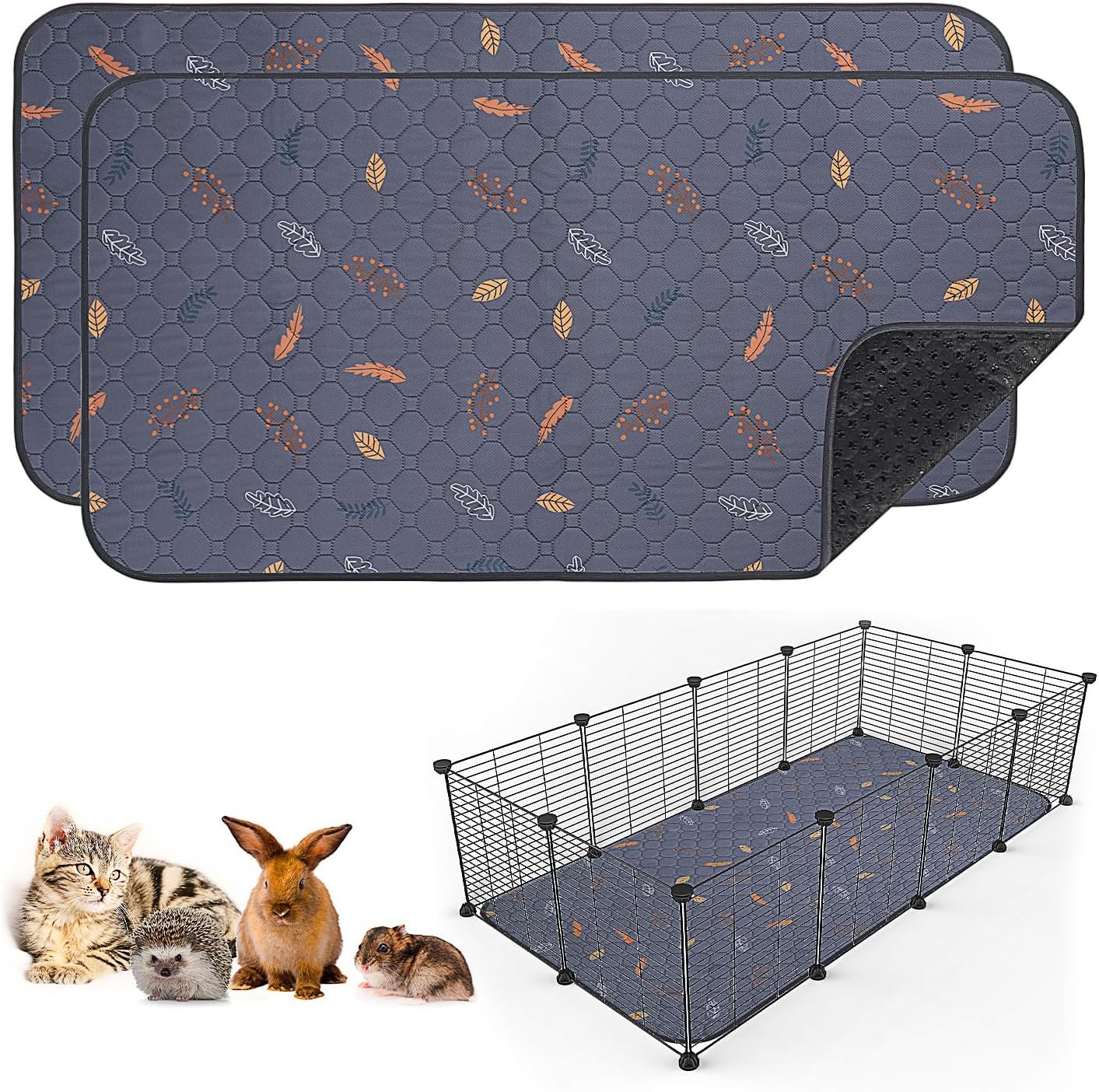 Sunheir 2 Pack Washable Guinea Pig Pee Pads, 24″ x 48″ Waterproof Reusable Guinea Pig Cage Liners, Absorbent Bedding Training Mat for Small Animal Guinea Pigs Rabbit Bunny Hamster (Leaves – Deep Grey)