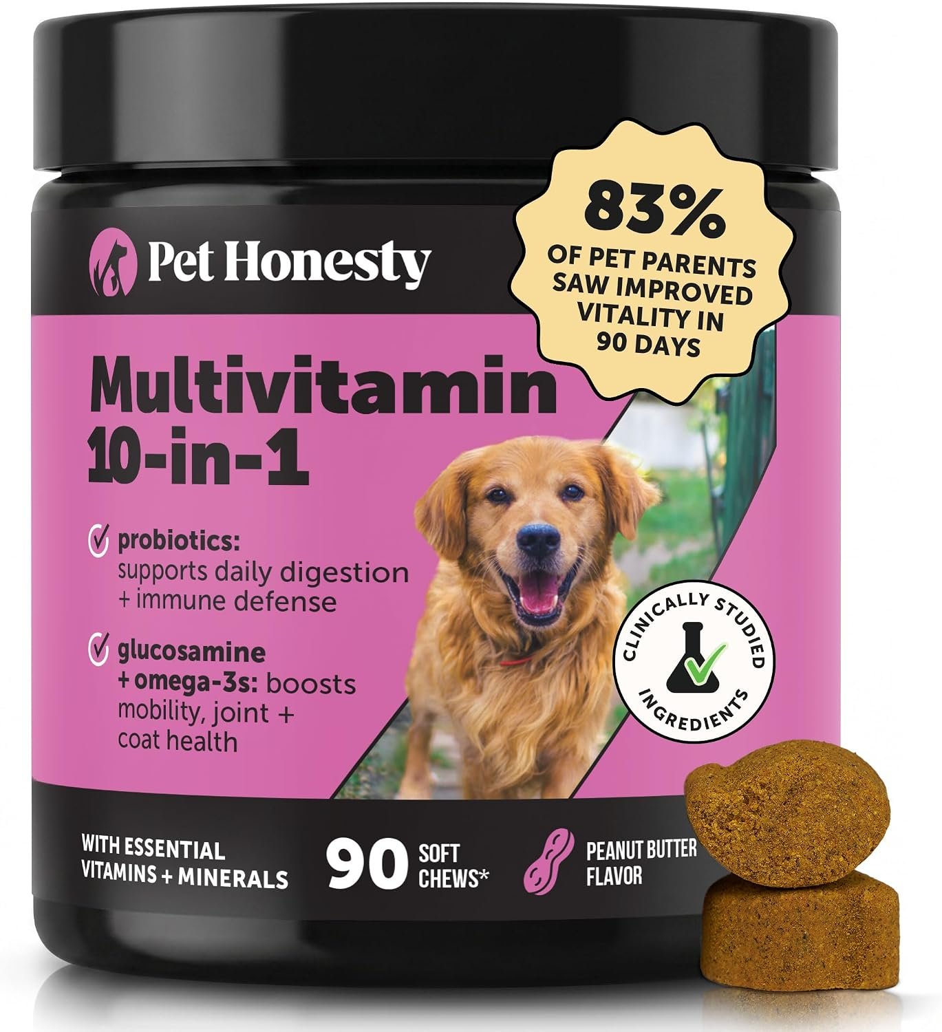 10-in-1 Dog Multivitamin Supplement with Glucosamine & Probiotics – Hip & Joint Support, Digestive Health, Immune Support, Heart & Skin – All-in-One Daily Vitamins & Omega-3s (Peanut Butter, 90 ct)
