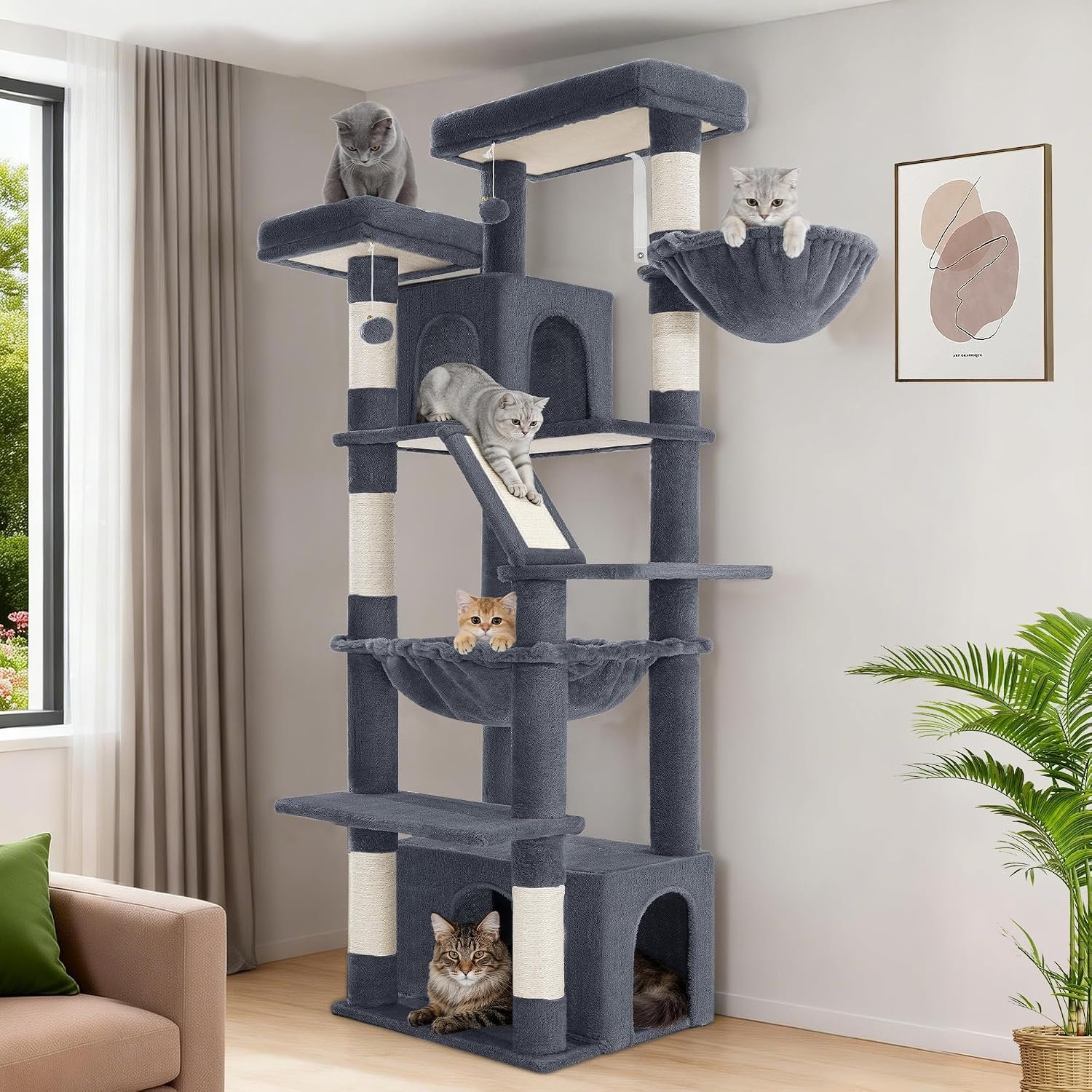Hzuaneri Large Cat Tree, 72 Inch Tall Multi-Level Cat Tower for Indoor Cats | Cat Condo Furniture with 6 with Sisal Scratching Posts, 2 Large Platforms, 2 Cats House, Hanging Basket, Dark Gray MS18318SG