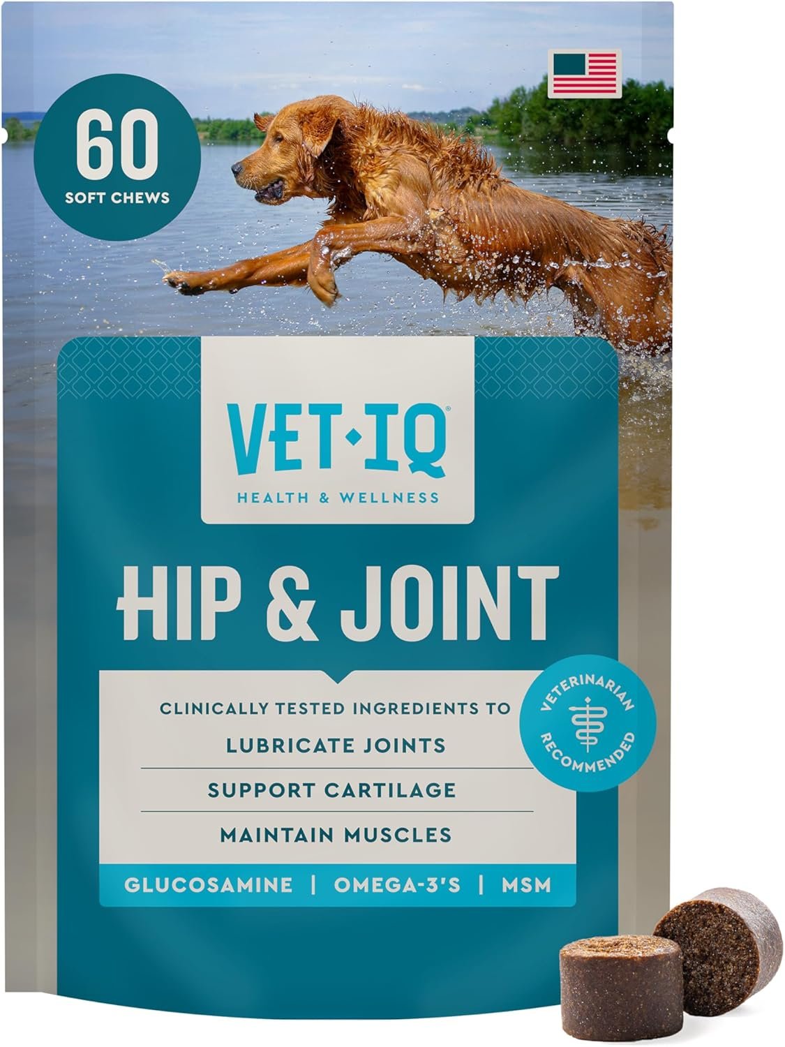 VetIQ Glucosamine Hip & Joint Supplement for Dogs, 60 Soft Chews, Joint Support Supplement with MSM and Krill, Dog Health Supplies Large & Small Breed, Chicken Flavored Chewables | Supports mobility for large & small breeds; glucosamine, MSM & krill oil; chicken-flavor chewable; daily joint chew