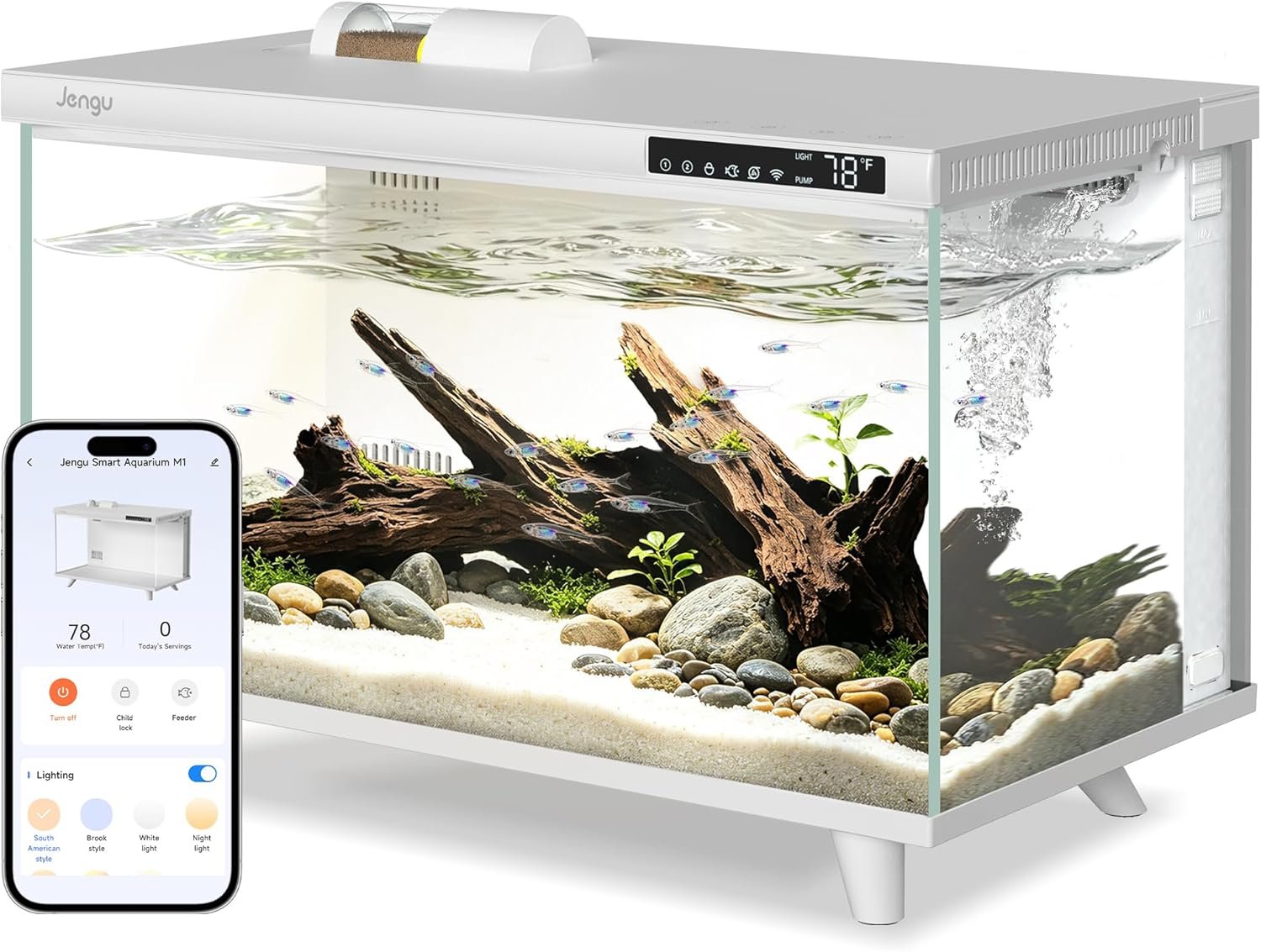 M1 5 Gallon Aquarium Starter Kit, App Control Smart Fish Tank with Filter, Auto Feeder, Quiet Pump, Timer Light, Temp Display, Crystal-Clear Glass Desktop Betta Tank for Guppy Shrimp, White