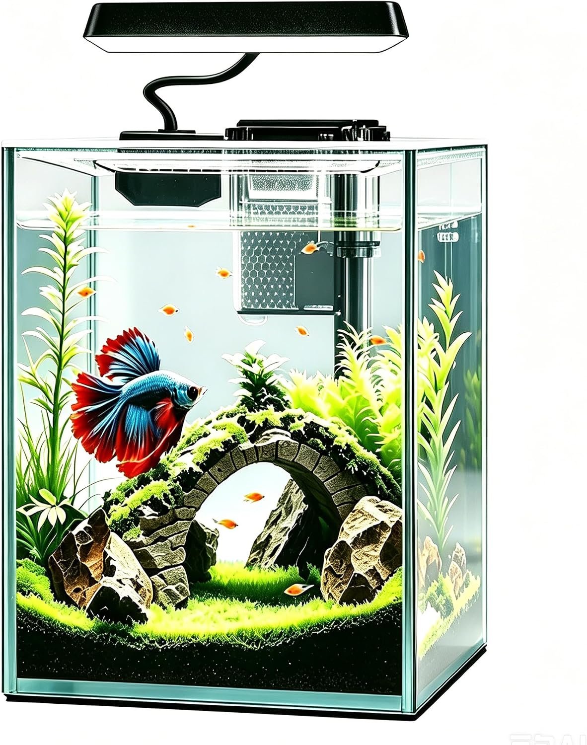 Ultra White Glass Betta Aquarium Starter Kits 1.5 Gallon Small Fish Tank, Betta Fish Tank with LED Light, Power Filter, 4mm Glass