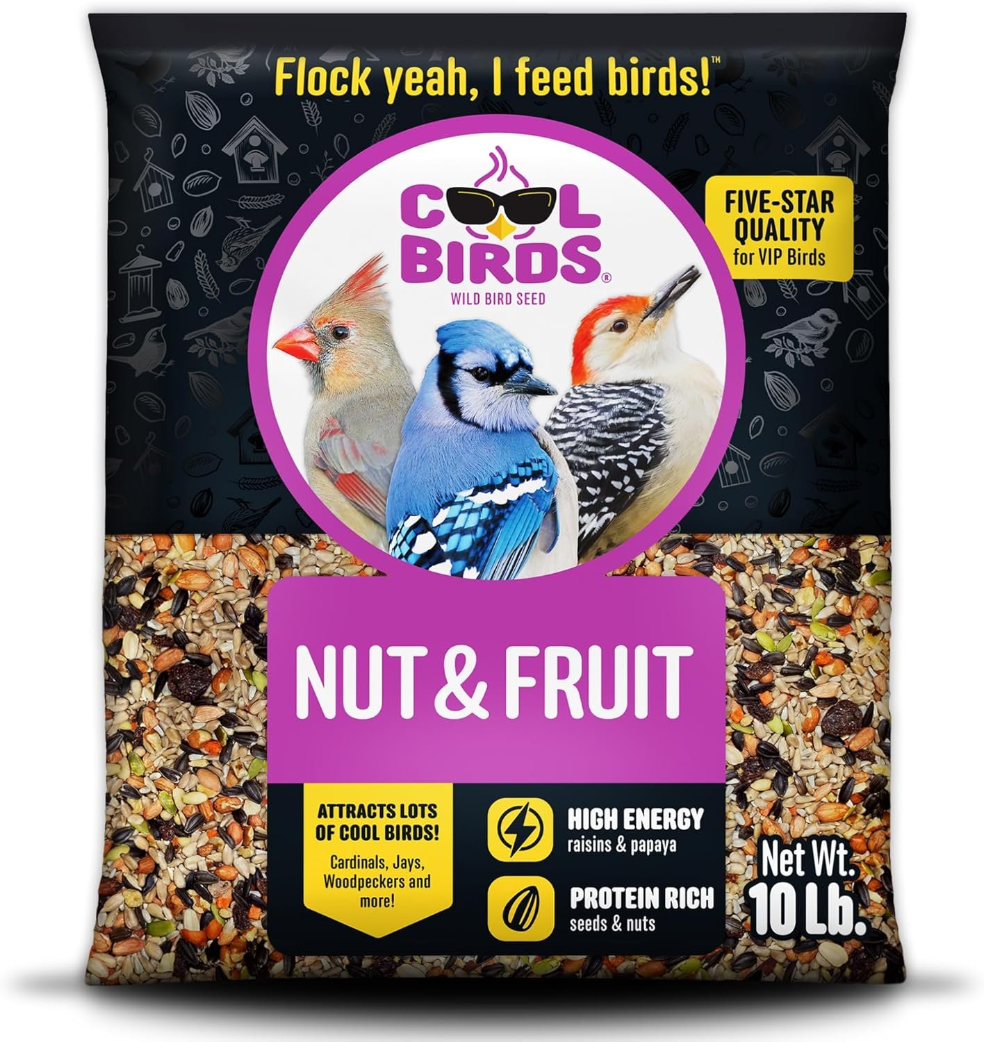 Cool Birds Nut & Fruit Wild Bird Seed, 10 lb | Gourmet Bird Food with Sunflower Hearts, Peanuts, Tree Nuts & Fruit – No Corn, Milo or Millet Bird Seed for Outside Feeders