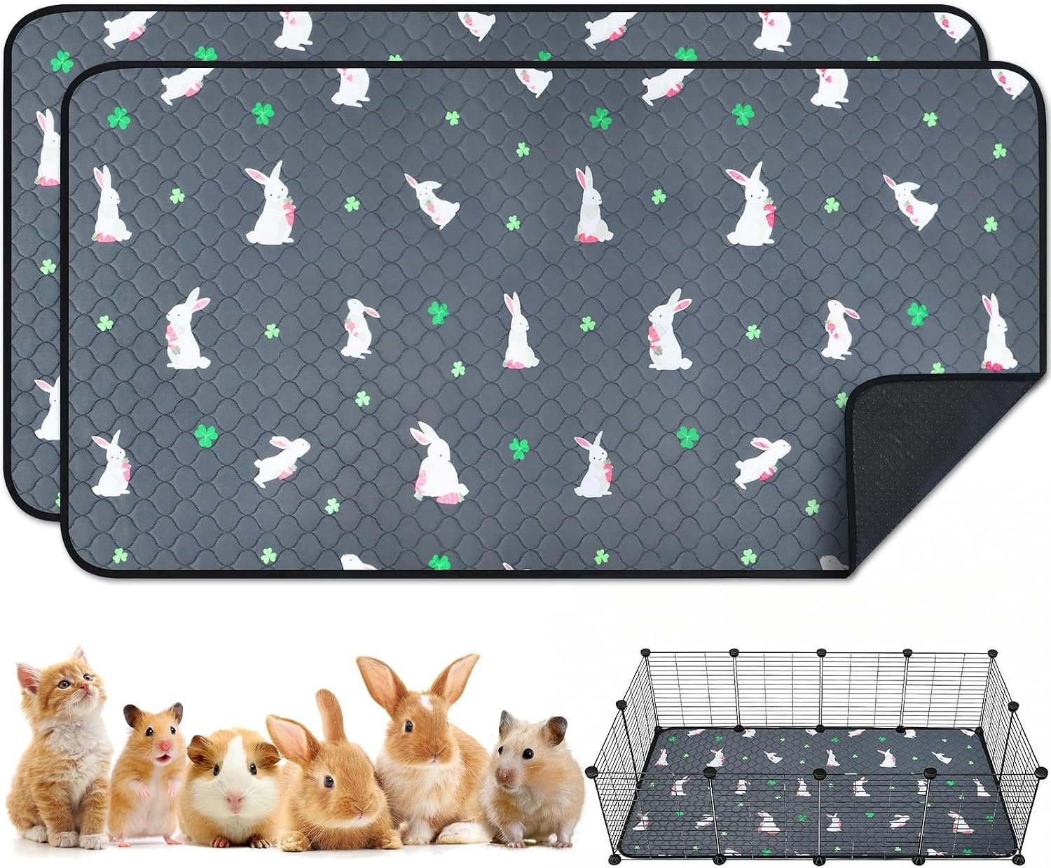 2 Pack Guinea Pig Cage Liners, Washable Guinea Pig Pee Pads Waterproof Reusable & Anti Slip Guinea Pig Bedding Fast and Super Absorbent Pee Pad Tarp Bottom for Small Animals (Rabbit Pattern 24″ X 47″)
