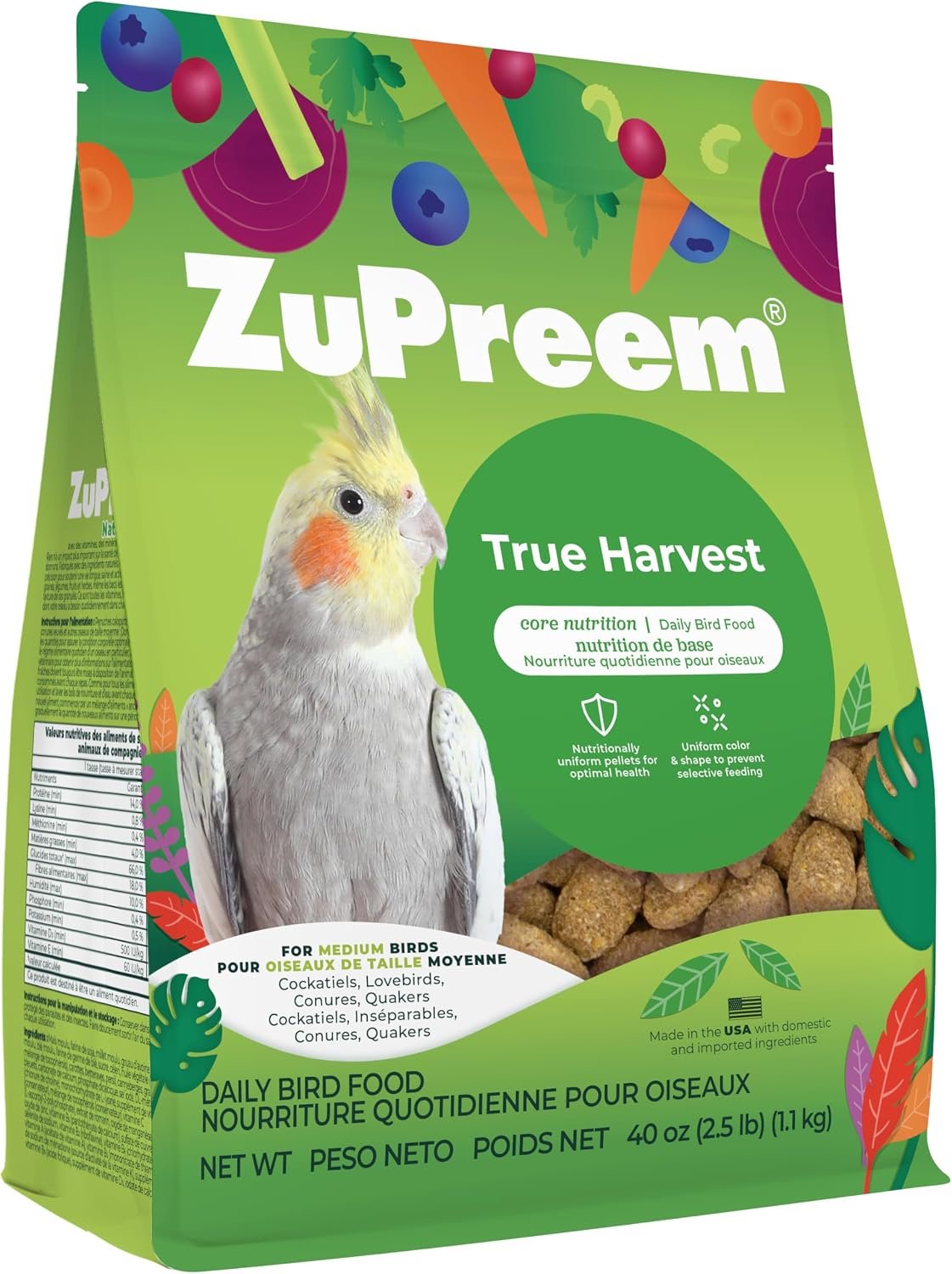 ZuPreem True Harvest Cockatiel & Conure Food, Uniform Bird Food, M, 2.5 lb | Bird Pellets, ZuPreem Natural Pellets, Cockatiel Food, Conures, Lovebirds, Love Bird Pellets, Quakers, Parrot, Large Birds