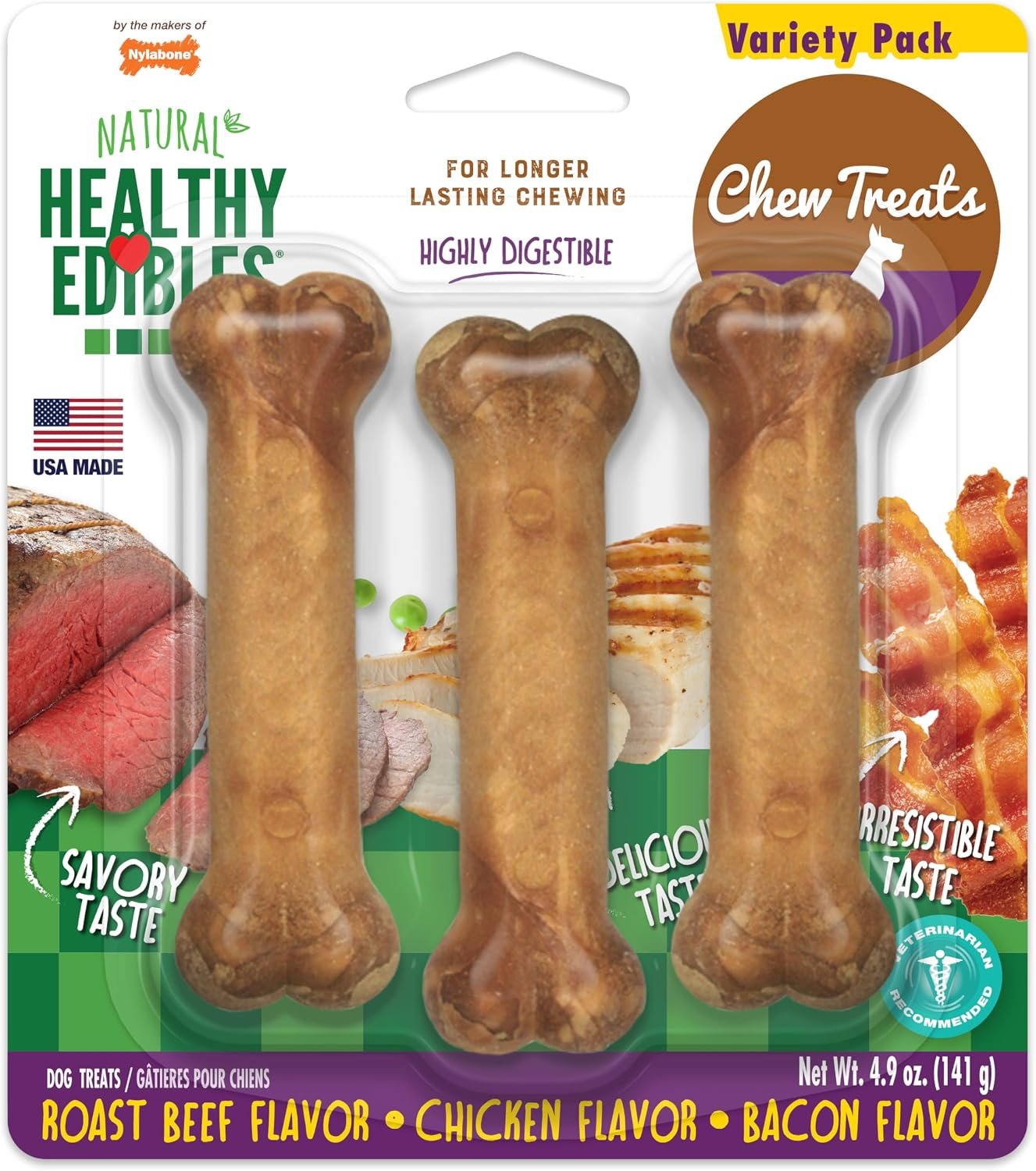Nylabone Healthy Edibles Dog Treats Variety Pack, Small, 3 Count | Roast beef, chicken, & bacon flavor, natural dog treats, USA made, highly digestible, dog bones for small dogs up to 25 lbs