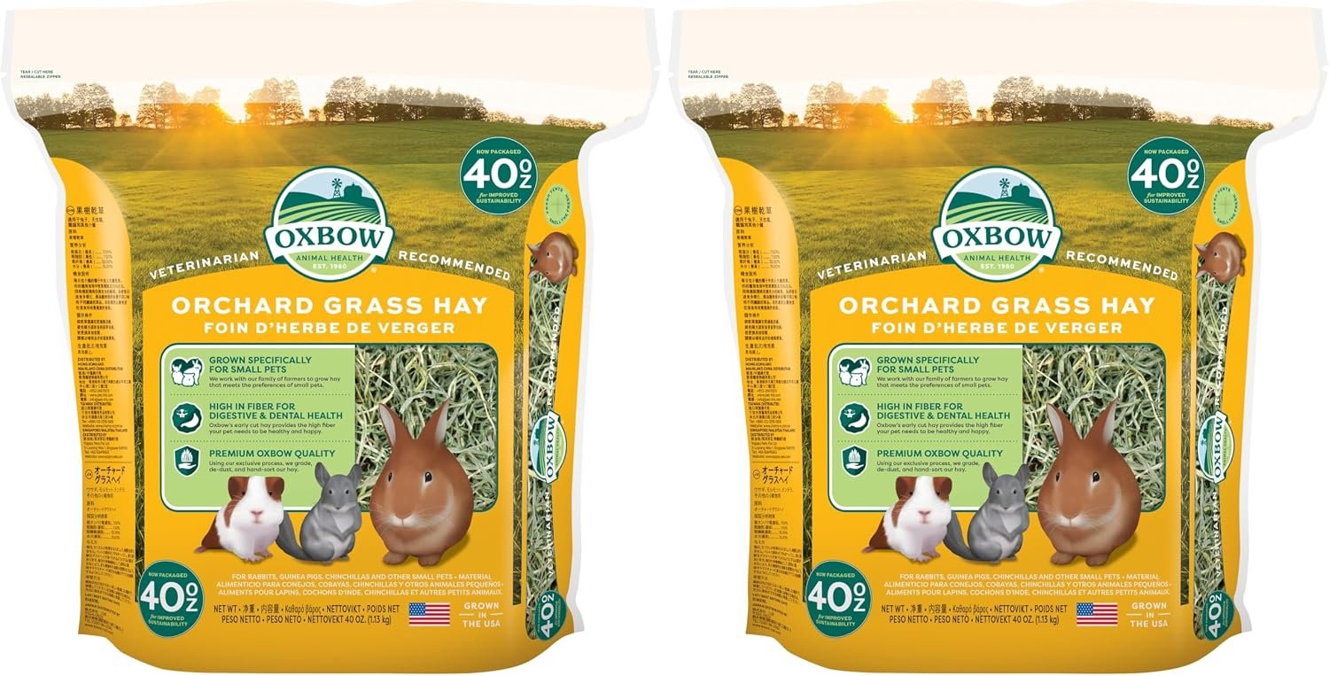 Oxbow Orchard Grass Hay for Small Pets – All-Natural Long Strand Fiber Hay for Rabbits,Guinea Pigs,Chinchillas,and Hamsters – Supports Digestive Health and Enrichment-– 40 oz Bag,(Pack of 2)