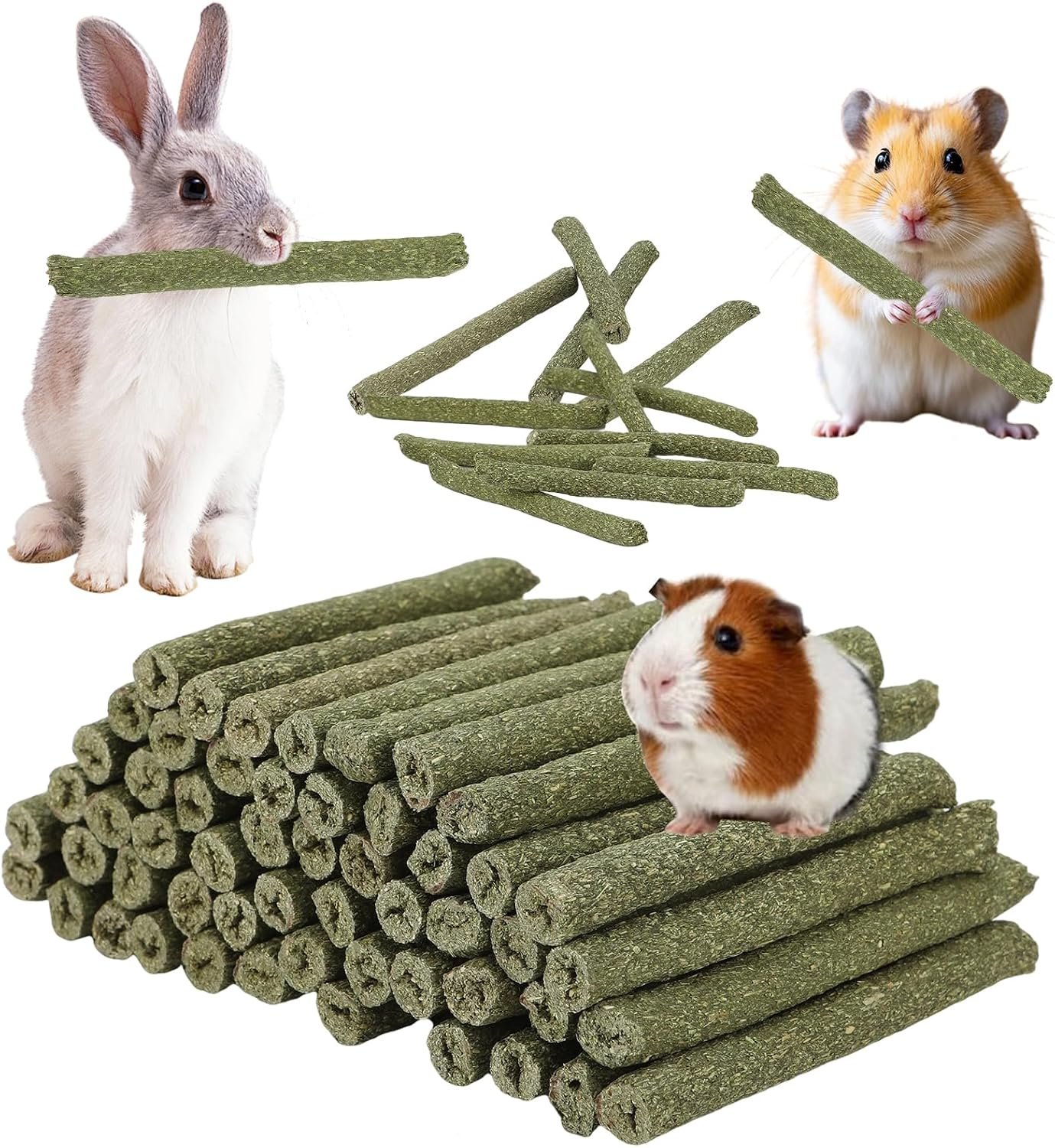 100PCS Timothy Hay Sticks for Rabbits Guinea Pigs Chinchillas Chew Treats, Natural Timothy Grass Molar Teeth Stick Bunny Chew Toys for Rabbits Chinchillas Guinea Pigs Hamsters Rodents