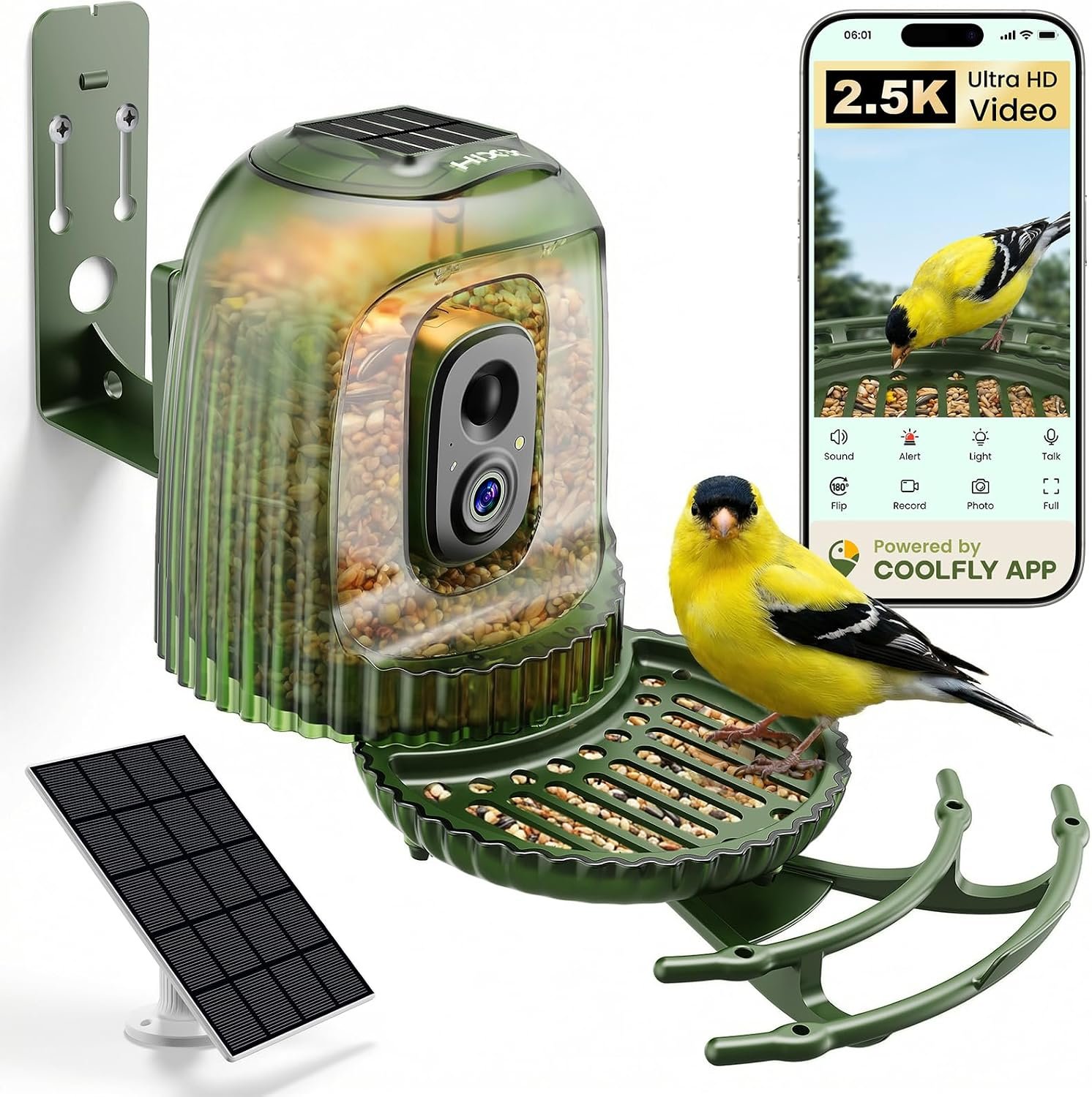 HIXX x COOLFLY Bird Feeder with Camera Solar Powered, Free AI Bird ID | 2.5K UHD, Auto Capture Recording Videos, Instant Alerts, Solar Night Light, Seed Guard Tray, Wall/Tree Mount/Freestanding