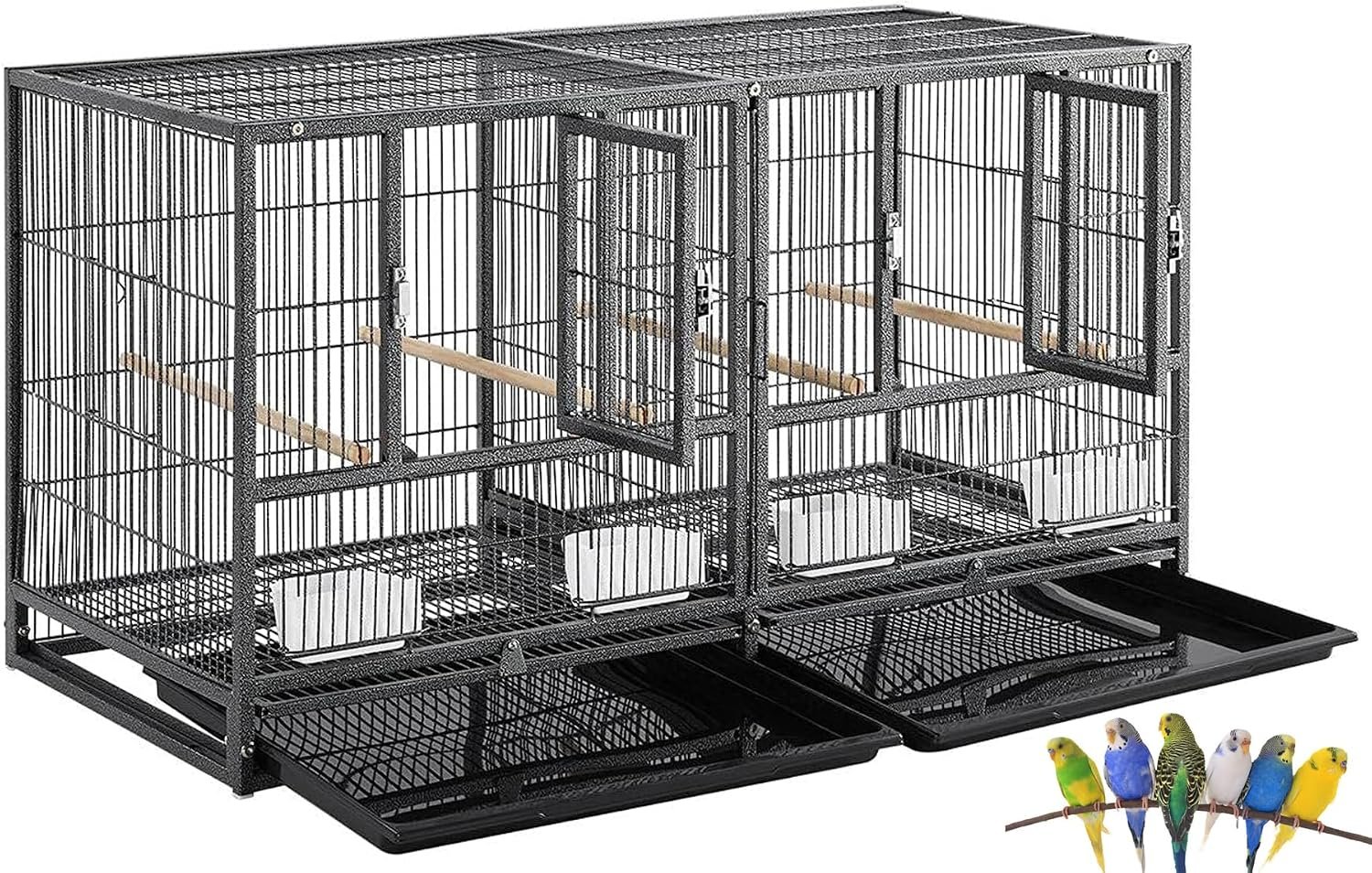 Single Stackable Sturdy Wrought Iron Center Divided Breeder Breeding Bird Flight Double Home Cage Side Nest Box Doors for Aviaries Canaries Cockatiels Finches Budgies Small Parrots