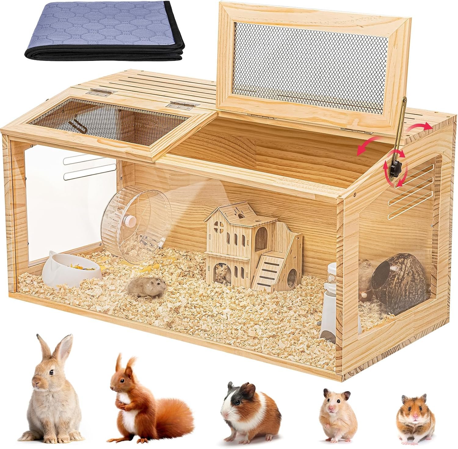 Hamster Cage 32″ Chewproof Wooden, 270° View Acrylic Pet Habitat | Panoramic Large Habitat, Bite-Proof Mesh & Top Dual Access Doors, for Syrian/Dwarf Hamsters, Guinea Pigs, Chinchillas