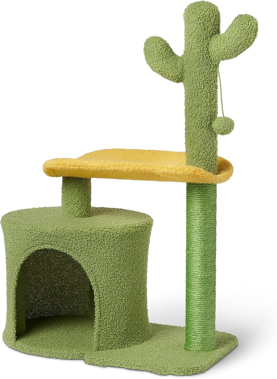 Amazon Basics Cactus Cat Tower for Indoor Cats, 4-in-1 Scratching Post with Curved Perch, Cozy Condo, Natural Sisal, Interactive Dangling Ball, 30.7 in H, Green