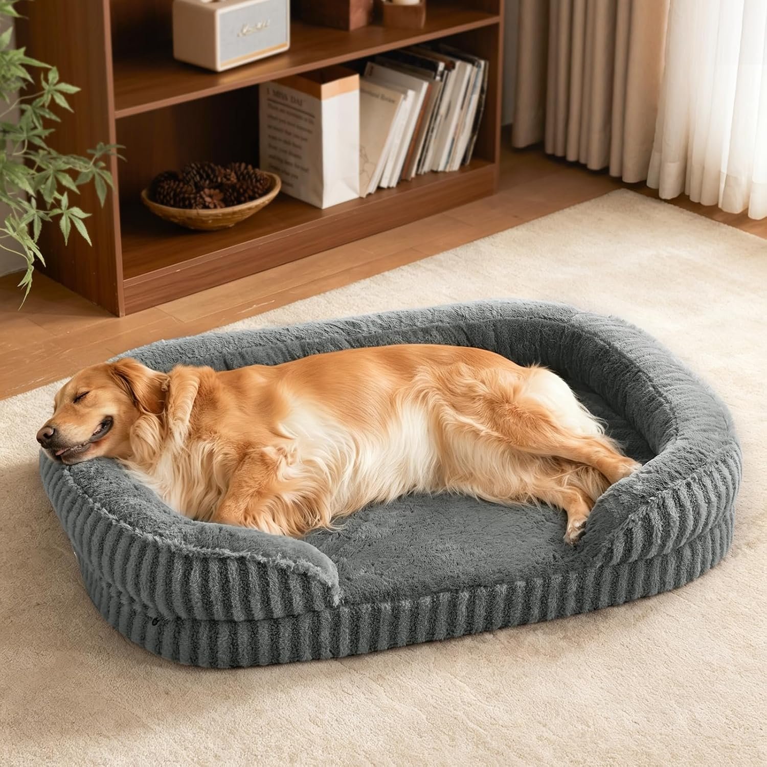 MIXJOY Orthopedic Dog Beds Large Sized Dog,Extra Large Washable Dog Bed Waterproof Oval Dogs Bed with Removable Cover,Egg-Crate Foam Big Pet Bed Couch with Bolster,Non-Slip Bottom,XL 42″X32″,Grey