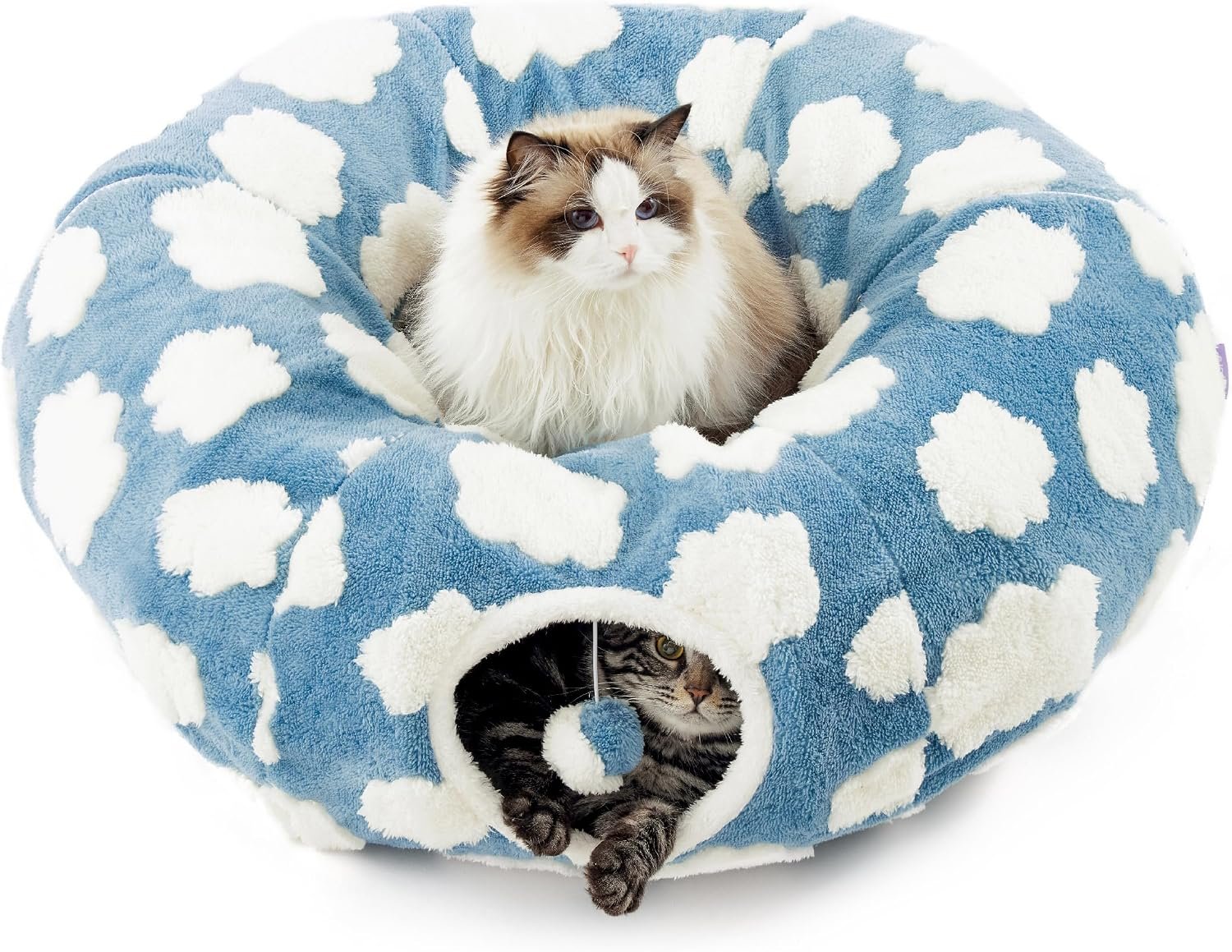 Lesure Donut Cute Jacquard Cat Tunnel Bed Kitten Toys for Puppy Bunny | 33.5×33.5x10in,Round Cat Bed Tube for Indoor Cats Rabbit Dog,Pet Peekaboo Cave Toy,Spiral Hideaway,Washable Cushion,Blue