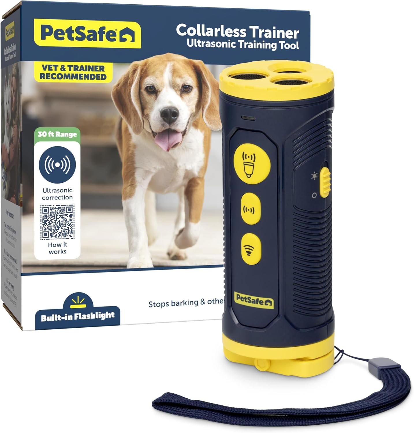 PetSafe Collarless Trainer Handheld Ultrasonic Bark Deterrent | Anti-Bark Device, Tone/High-Pitched Sound/Flashlight, Up to 30 Ft Range, Rechargeable, Wrist Strap