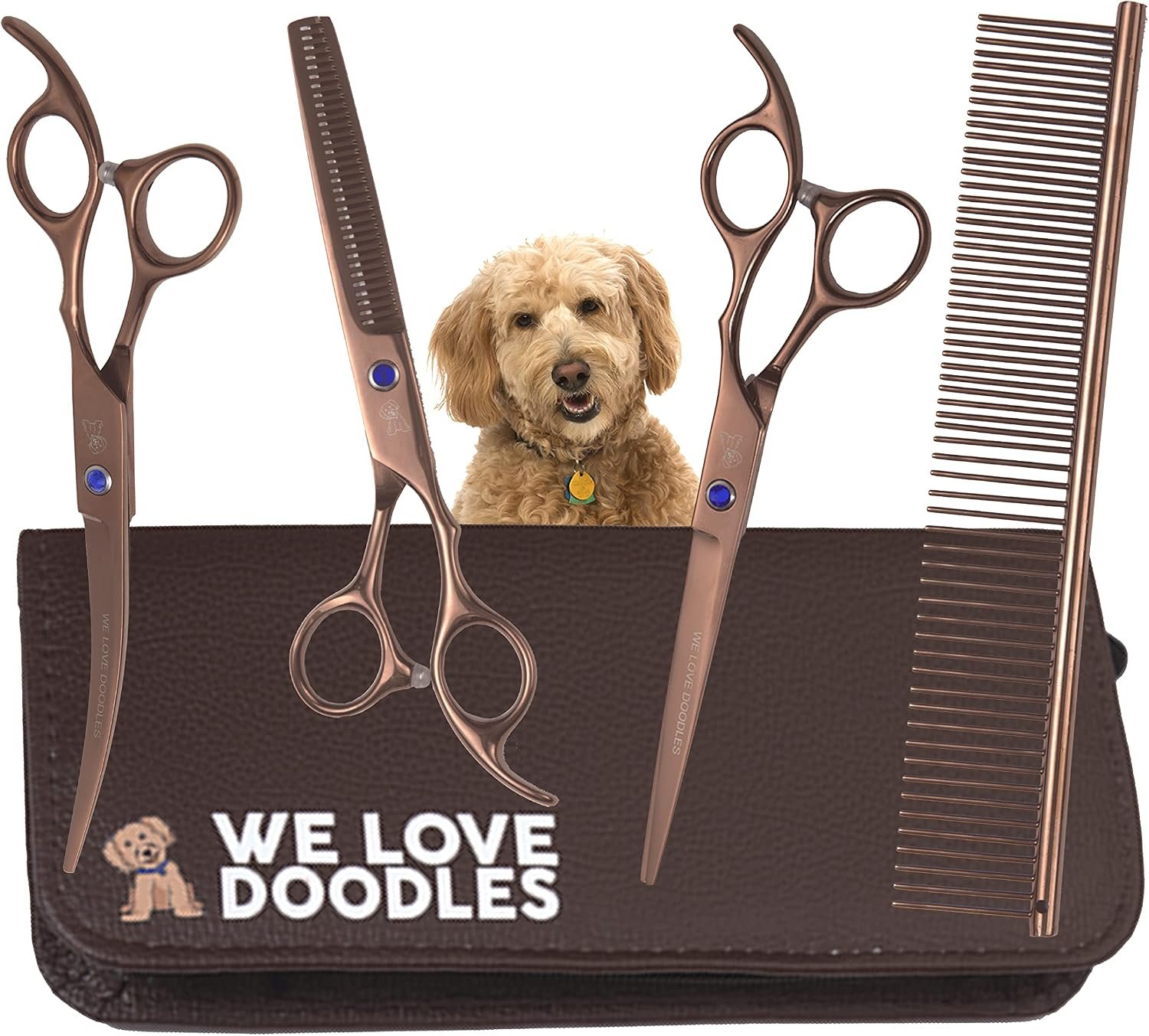 Dog Grooming Scissors Kit, 4 Pieces, Curved, Straight & Thinning Shears Set | Professional Dog Grooming Shears For At Home Doodle & Poodle Hair, Pet Face & Paw Scissors For Goldendoodle, Stainless Steel