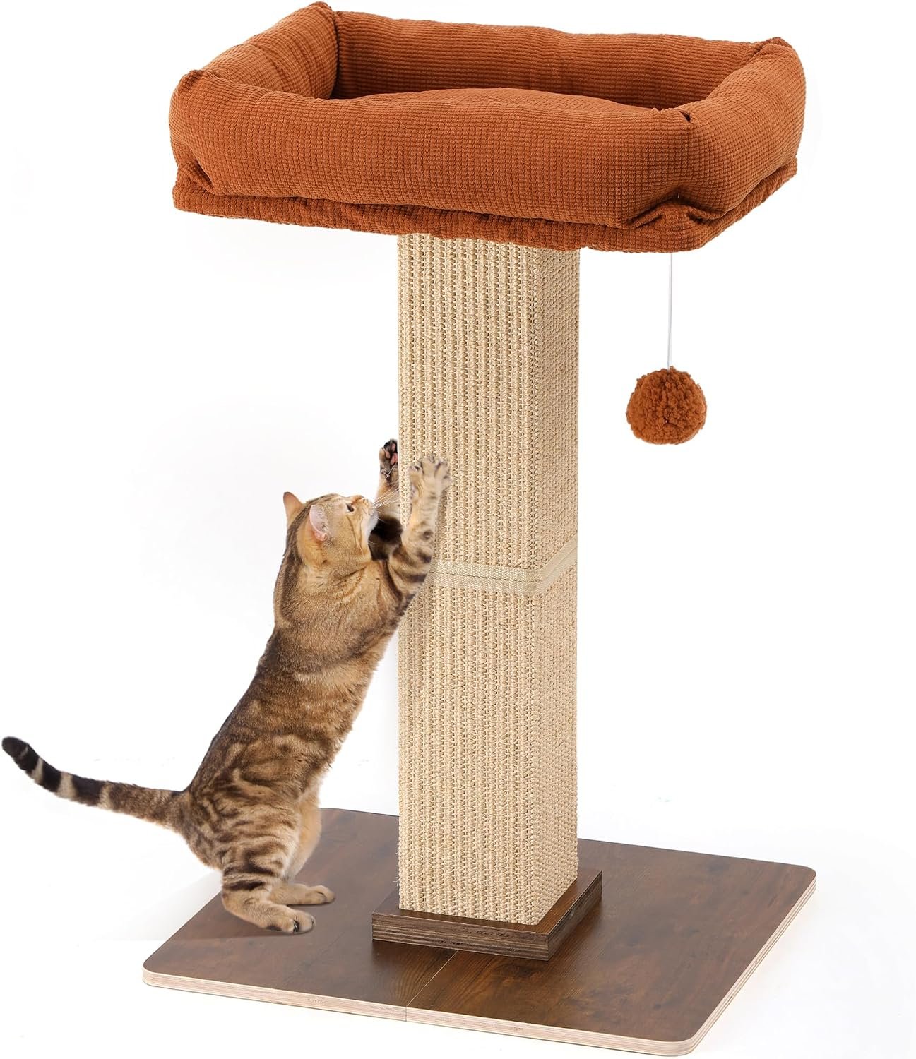 FUKUMARU Retro-Style Cat Scratching Post with Perch for Indoor Adult Cats | 28.7″ Elevated Tall Cat Bed, Solid Wood Large Cat Scratcher Tower with Bed, Aesthetic Cat Tree Furniture with Natural Sisal