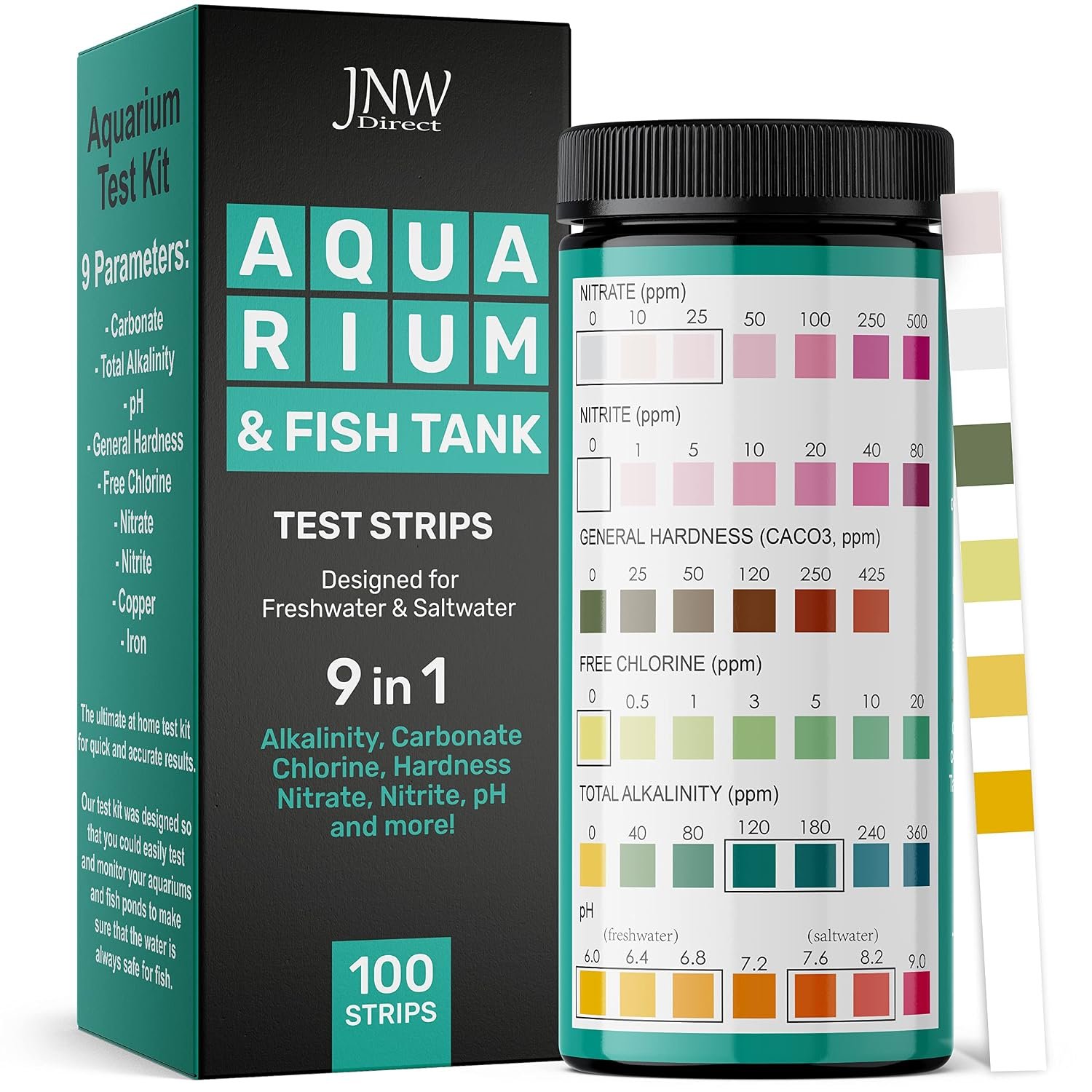 Aquarium Test Strips – 9-in-1 Aquarium Test Kit with eBook – Aquarium Water Test Kit with Quick and Accurate Fish Tank Test Strips – 100 Test Strips by JNW Direct