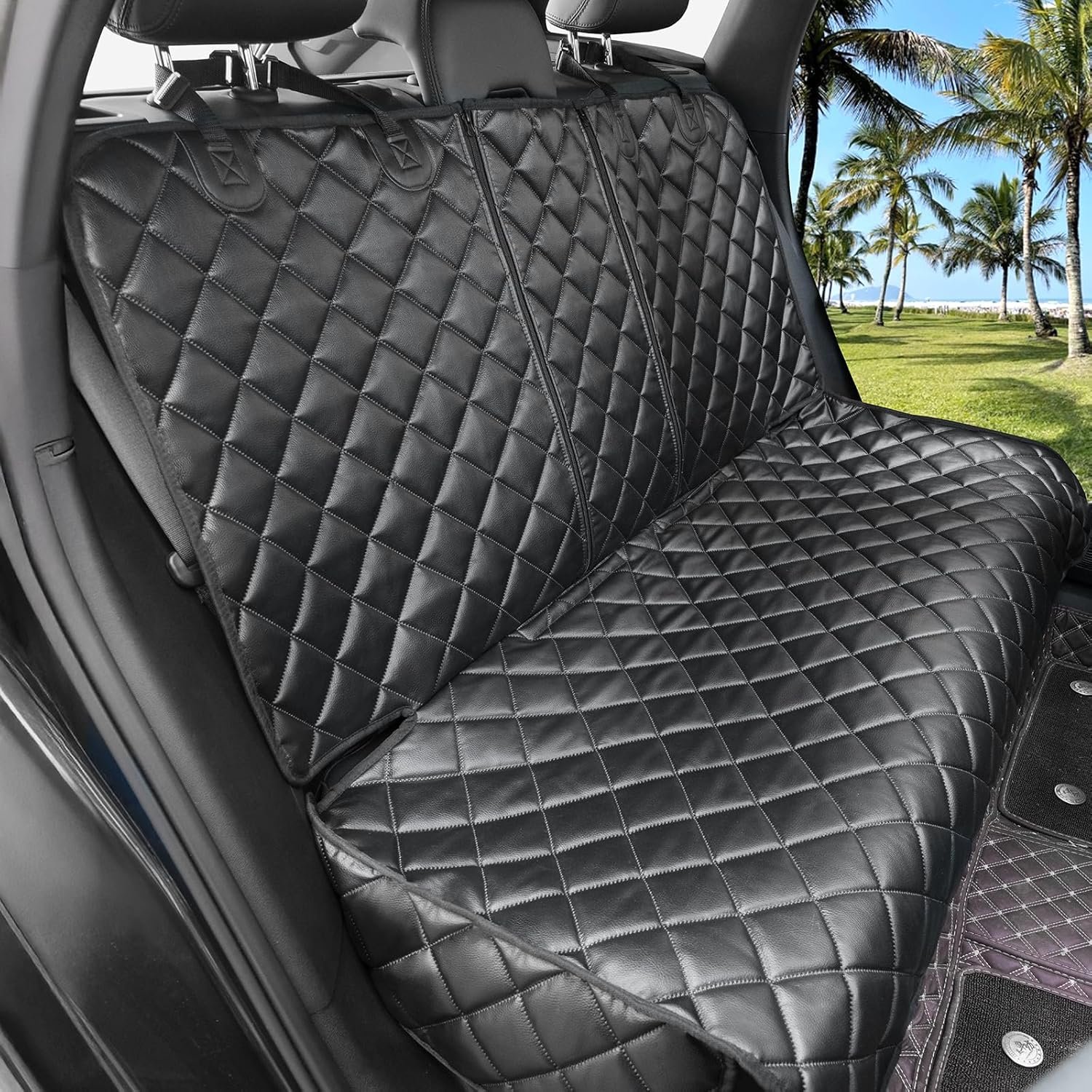 Dog Car Seat Cover for Back Seat,Leather Back Seat Cover,Stnd | Black,PU,Waterproof,Nonslip,Anti-Scratch,Rear Dog Seat Covers Fit Middle Armrest for Most Vehicles,SUVs,Small Trucks