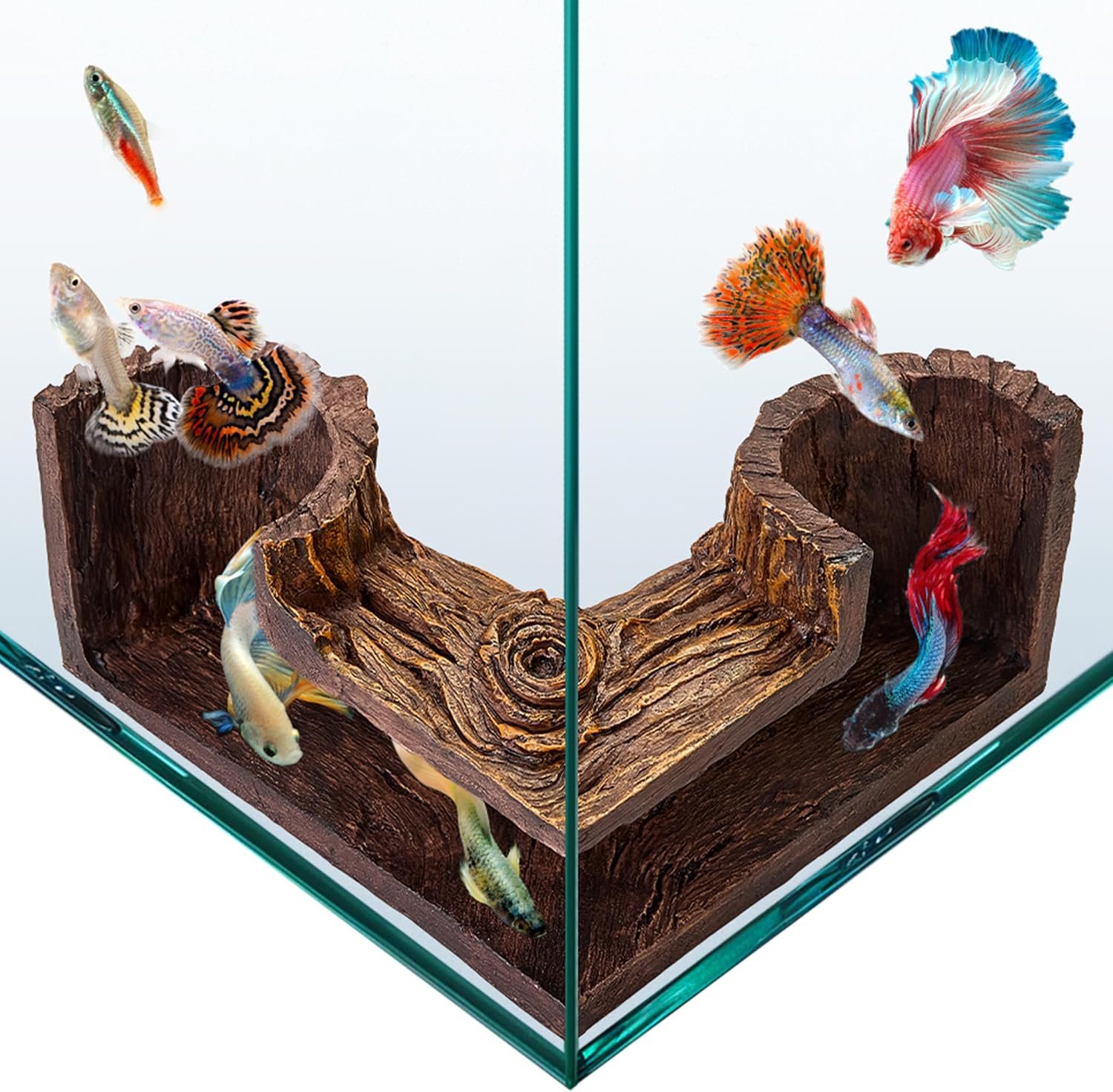 Aquarium Cave | Natural-Looking Wood-Like BPA-Free Fish Tank Cave for Corners | 5.1” x 2” x 2.7” Fish Hideout for Aquarium | Guppy, Neon Tetra, Corydoras Catfish, Betta Hide | Tank Decor