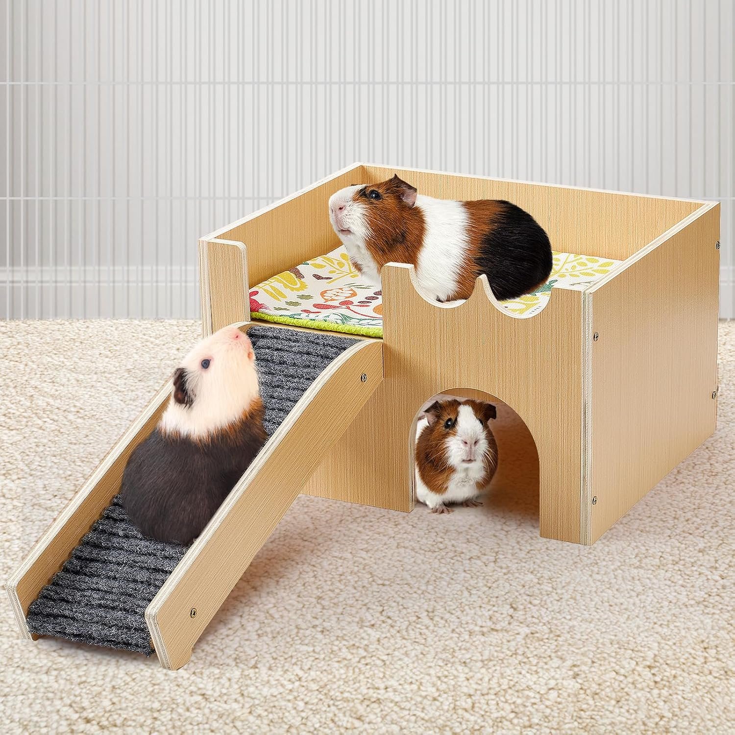 MEWTOGO Upgraded Sturdy Wooden Guinea Pig Castle with Stairs & Mat | Easy to Assemble, Sturdy, Playing Hiding House, for Hamsters Bunny Chinchillas Small Animals