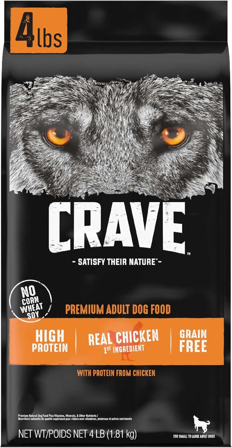CRAVE Grain Free High Protein Natural Adult Dry Dog Food, Chicken, 4 lb | 34% protein, real animal protein, no by-product meal, no corn, wheat, soy, no artificial flavors, energy support