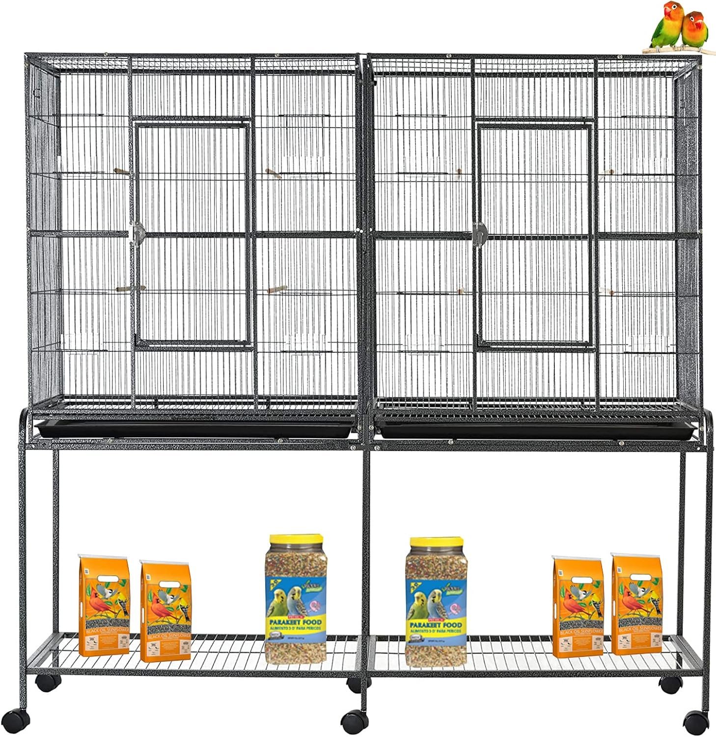 64″ Extra Large Double Flight Bird Wrought Iron Double Cage Slide Out Center Divider Side Nesting Box Door Parrot Cage Cockatiel Conure with Removable Rolling Stand Storage Shelf