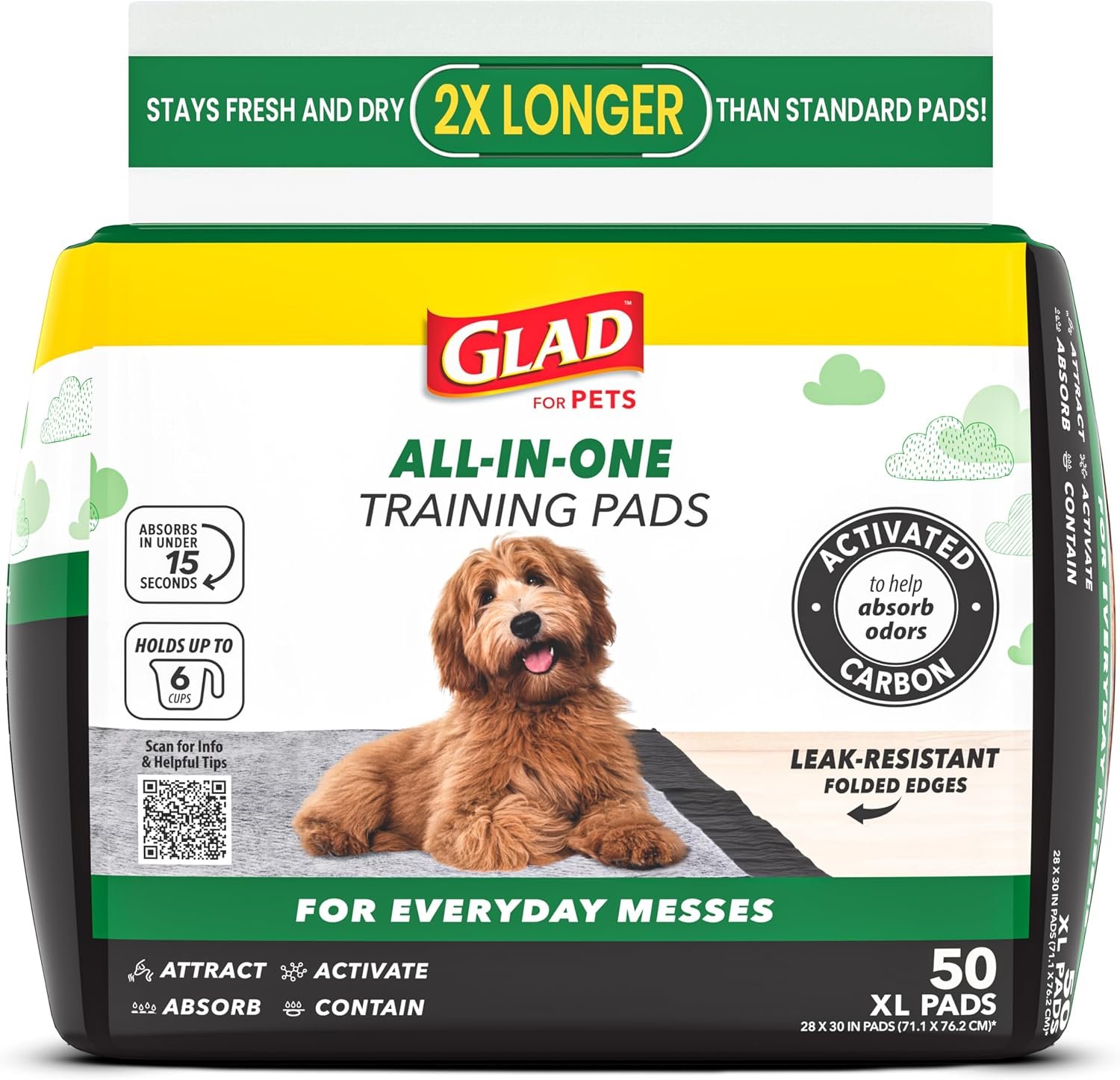 Glad for Pets Activated Carbon Dog Training Pads – Absorbent Large Disposable Dog Pee Pads for Dogs, XL Potty Pads for Dogs, Charcoal Puppy Pads with Adhesive Tabs, Jumbo Dog Pads, 28″ x 30″, 50 Count