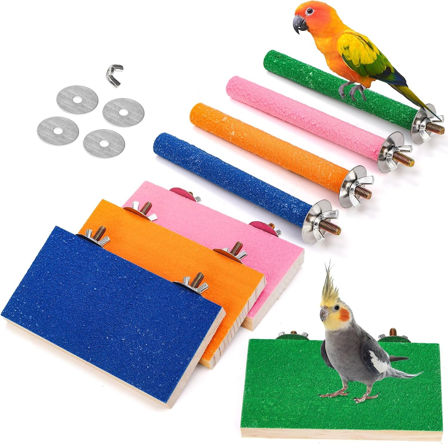 8 Pcs Bird Perch Stand Toy, Colorful Wood Parrot Perch Stand Platform Paw Grinding Stick, Bird Cage Accessories for Budgies, Parakeet, Cockatiel, Lorikeet, Conure