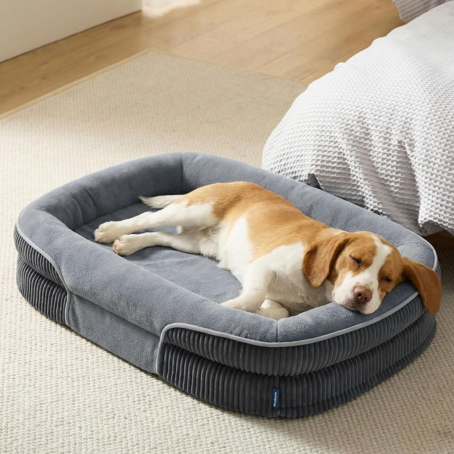 Bedsure 360°Oval Bolster Orthopedic Dog Beds Large Sized Dog,35″ Grey | Egg-Crate Foam for Senior Dogs, Big Comfort Pet Sofa Couch with Ultra-Soft Fleece Waterproof Washable Cover