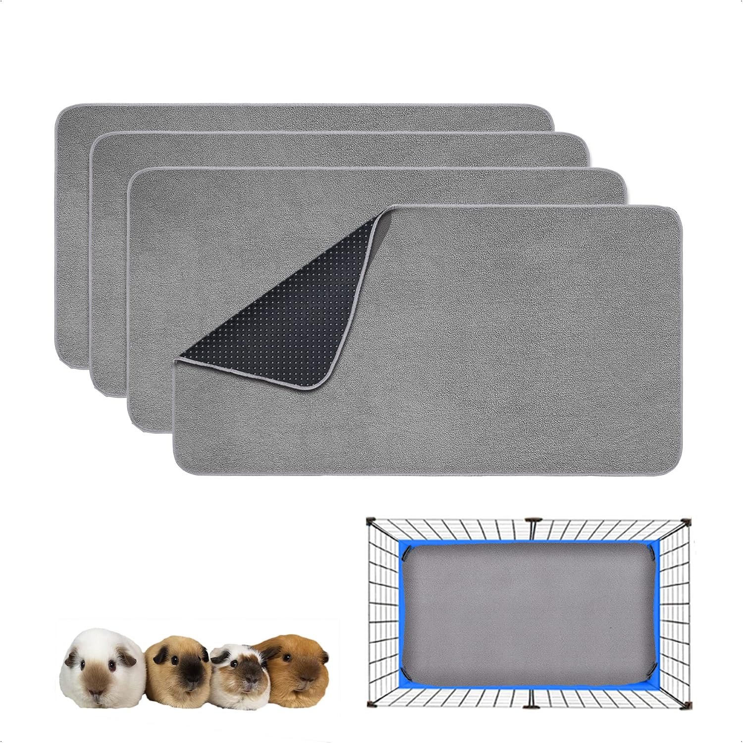 Guinea Pig Bedding, Cage Liners, Washable, Reusable & Leakproof | Premium Fleece Material, Instant Absorbent, Anti-Slip Bottom, Ideal Pee Pads for Small Animals. 15″x29″, 4 Pack, Gray