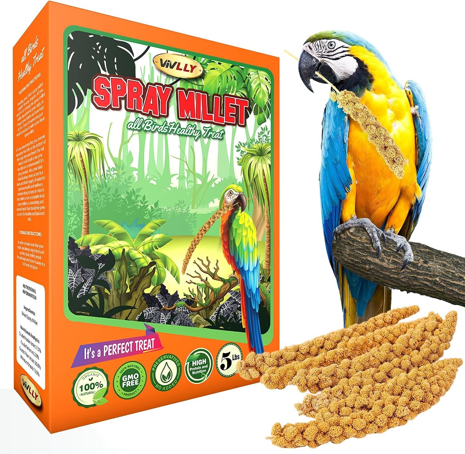 5LBS GMO-Free Sun Dried Spray Millet – Original Bird Treat Millet for Parakeets, Cockatiels, Finches & More – Non-GMO, High in Amino Acids, Easy Storage (5 lbs)