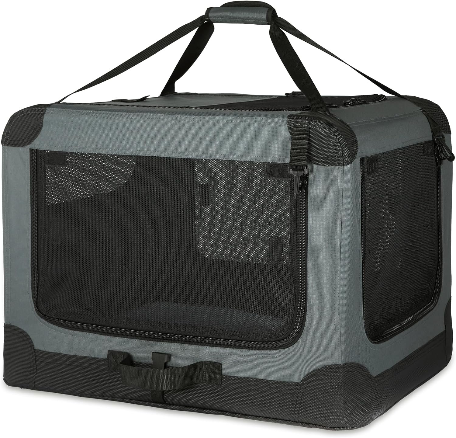 Amazon Basics 4-Door Portable Folding Soft Dog Crate, Collapsible Travel Kennel for Cat, Dog, and Small Animals, Pop Up with Fleece Mat, Water-Resistant Base, Grey, 36″ x 24″ x 24″