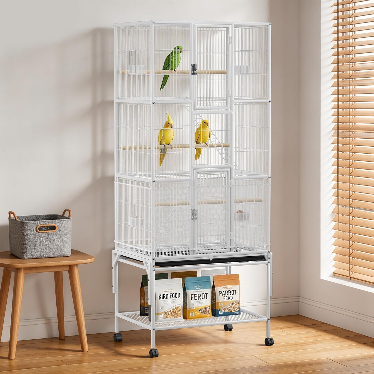 69 inches Bird Cage with Dust Cover, Birdcages with Rolling Wheels | Large Bird Cages for Cockatiels Quaker Conure Parakeet Lovebird Finch Canary Small Medium Parrot Cage Birdcage,White