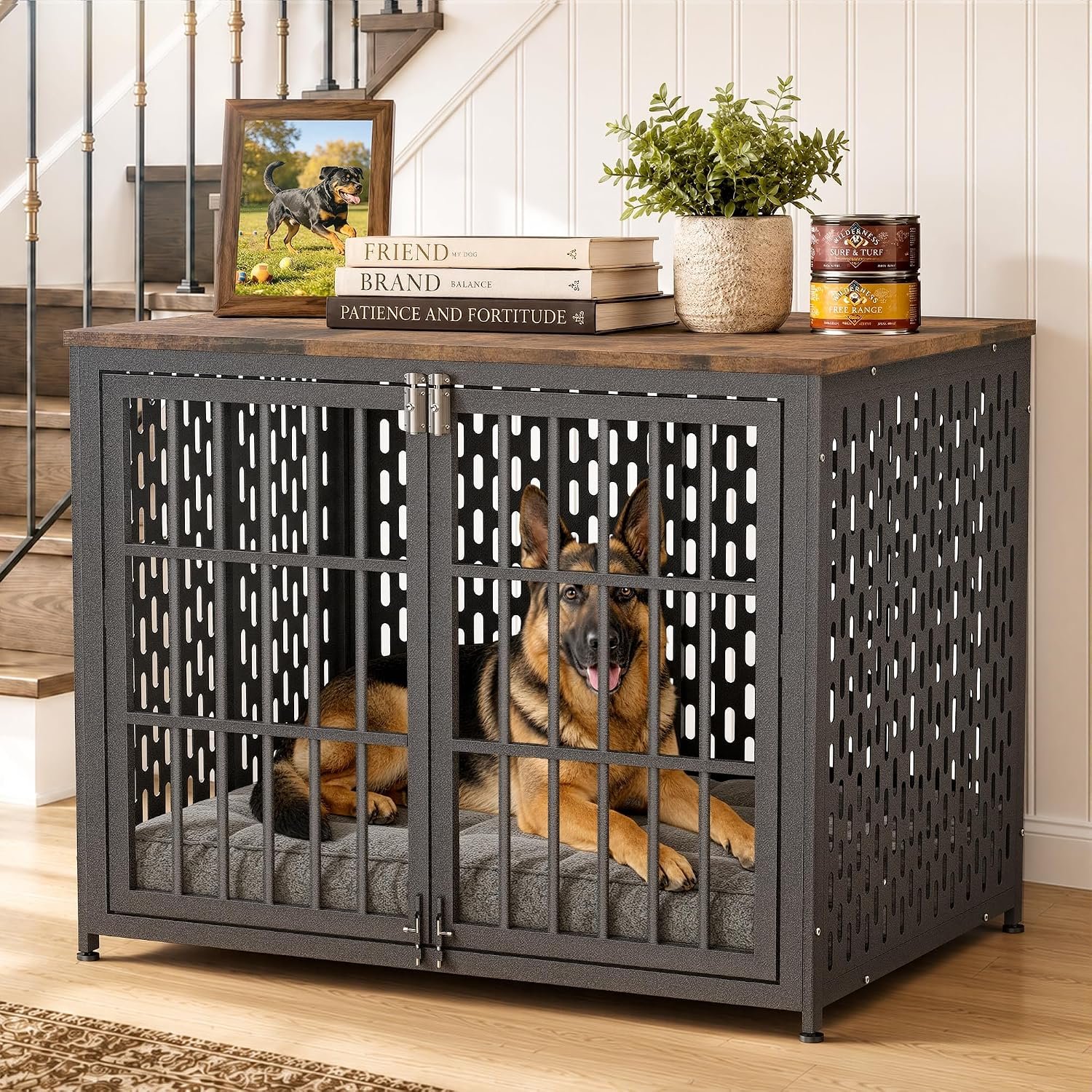 Heavy Duty Dog Crate Furniture, 42 inch Dog Crate for XL Dogs Aged Black | Escape Proof Dog Crate with 4 Latches, Chew-Proof Heavy-Duty Metal Tube, 0.5″Thick Wood Panel, Adjustable Feet Pads