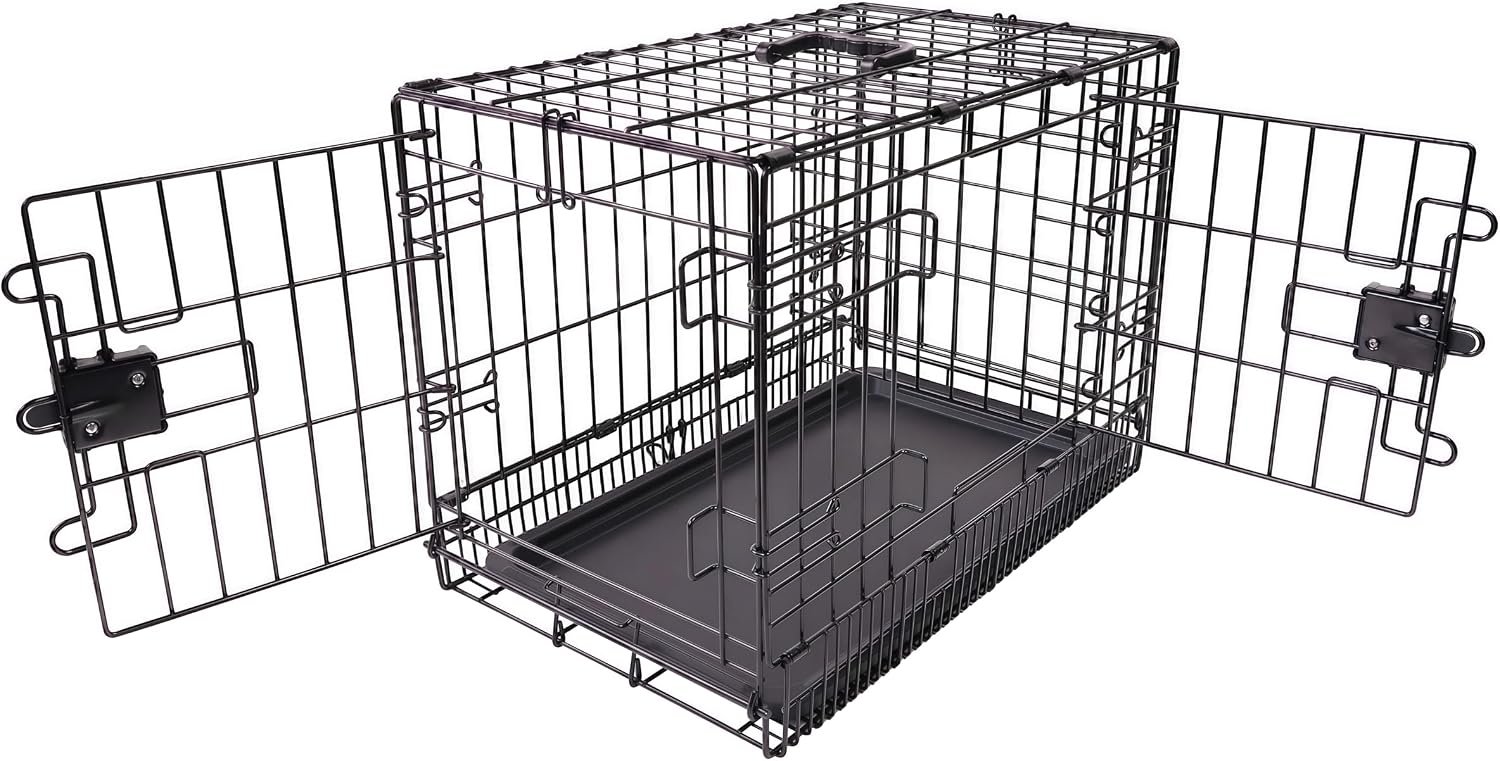 Amazon Basics Portable, Foldable Metal Wire Dog Crate with Removable Tray, Double Door, Divider Panel, Easy to Assemble, 30 x 19 x 21 in, Black