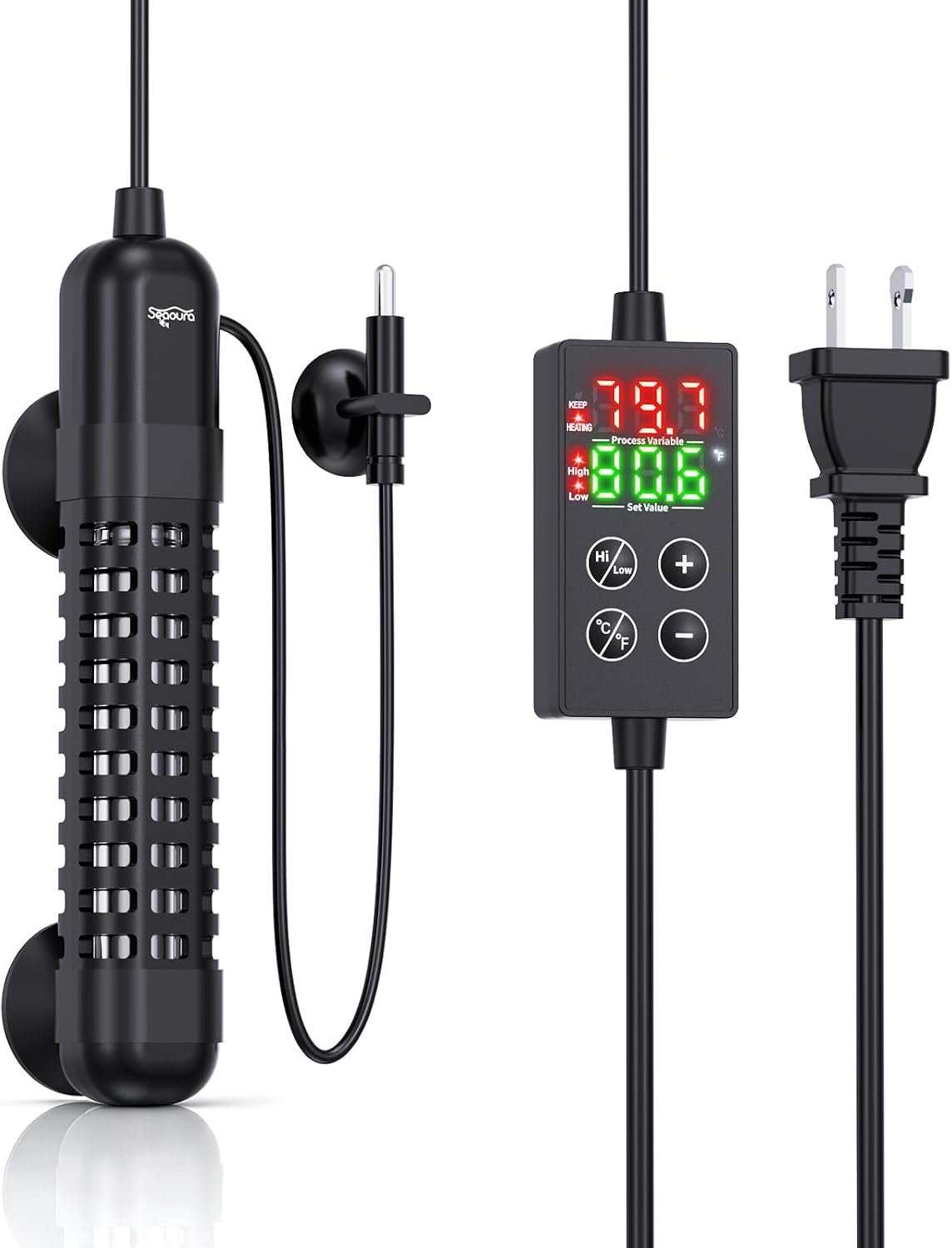 SEAOURA Small Aquarium Heater, 25W Fish Tank Heater with Temp Probe 1-5 Gal | Adjustable Max & Min Temp Protection, 5.7 IN Auto Power-Off LED Display External Controller, for Fresh/Saltwater Betta Turtle