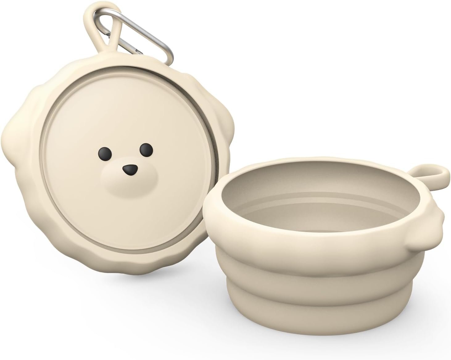Silicone Collapsible Dog Bowl for Travel | Premium Food-Grade Silicone, Portable Water Bowl for Dogs Cats, Foldable Food Water Bowl, Walking, Carabiner (Ivory)