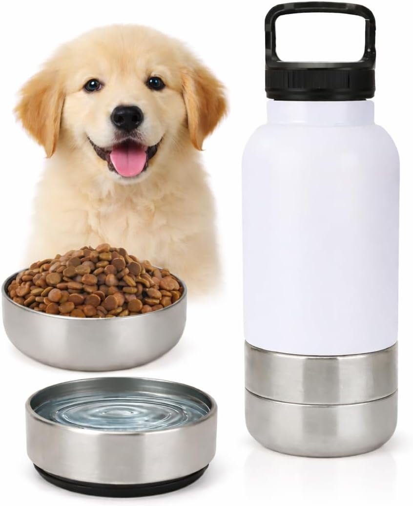 Portable Dog Water Bottle 3-in-1, 32 oz Stainless Steel Travel Dog Water Dispenser with Food Container & Double Bowls, Leakproof for Walking, Hiking & Travel (White)