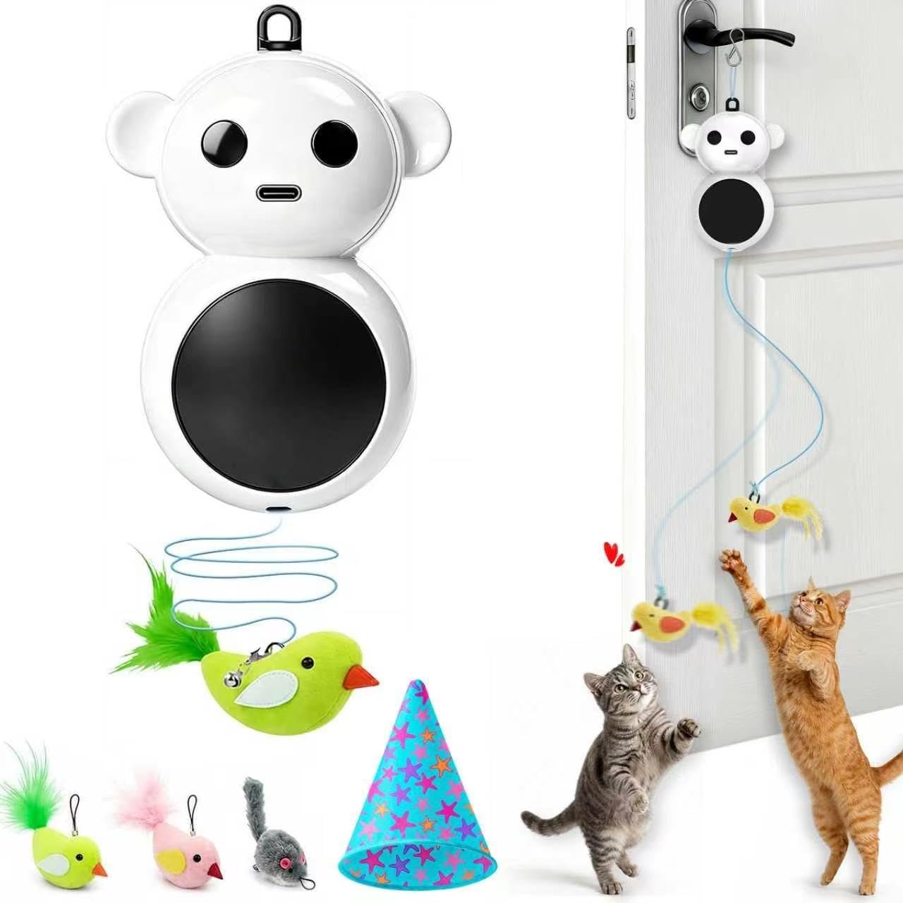Interactive Cat Toy for Indoor Cats – 360° Automatic Hide & Seek Flying Bird with Real Chirps, Touch-Activated Spring Wand, Rechargeable Hunting Toy for Bored Kittens & Adult Cats