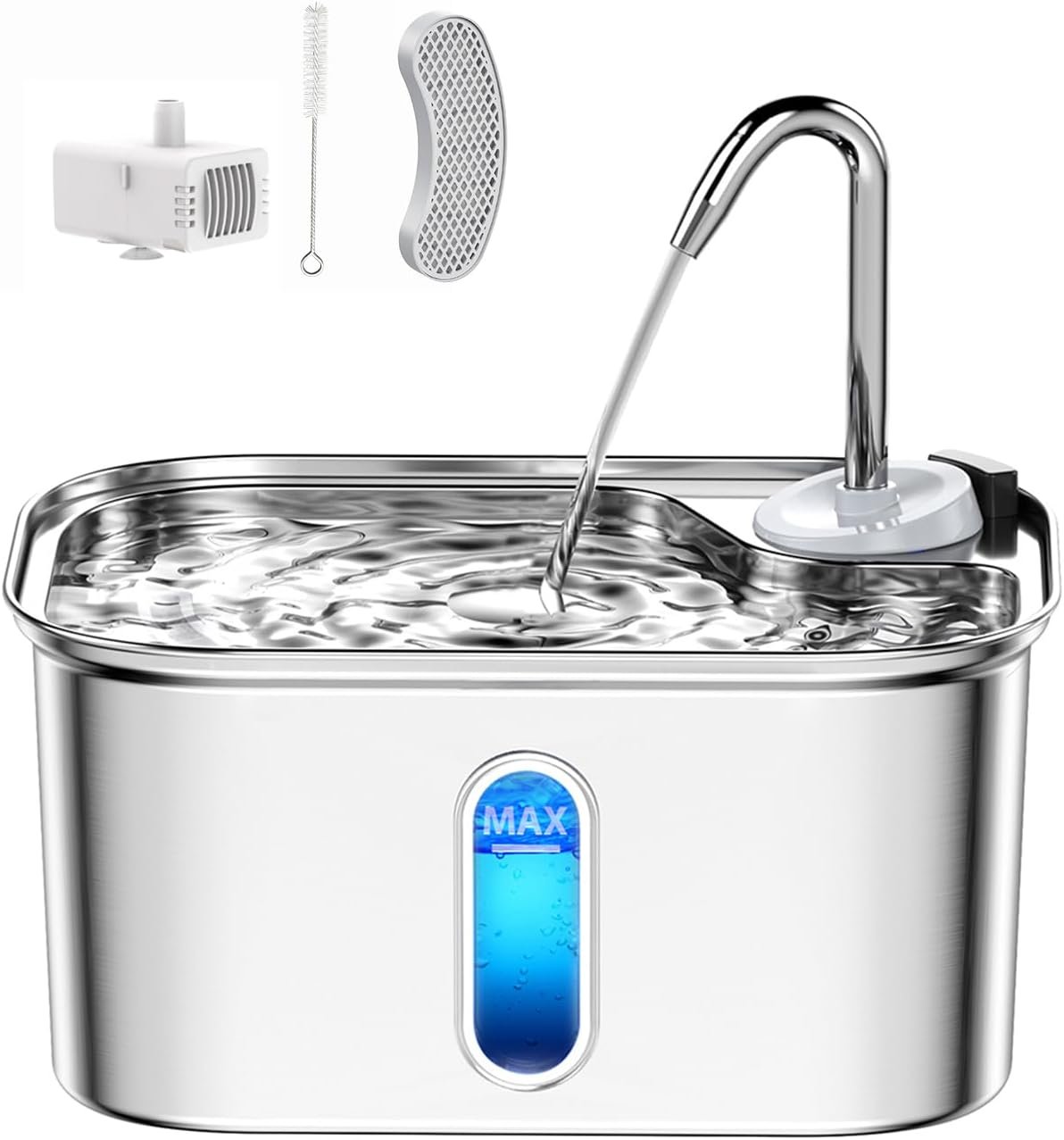 Cat Water Fountain Stainless Steel for Cats Indoor 2.5L 85oz by BPA-Free SUS304, Effective 6-Layer Filter Cat Fountain for Drinking 20dB Ultra Quiet Metal Pet Water Fountain (Fountain+1 Filter)