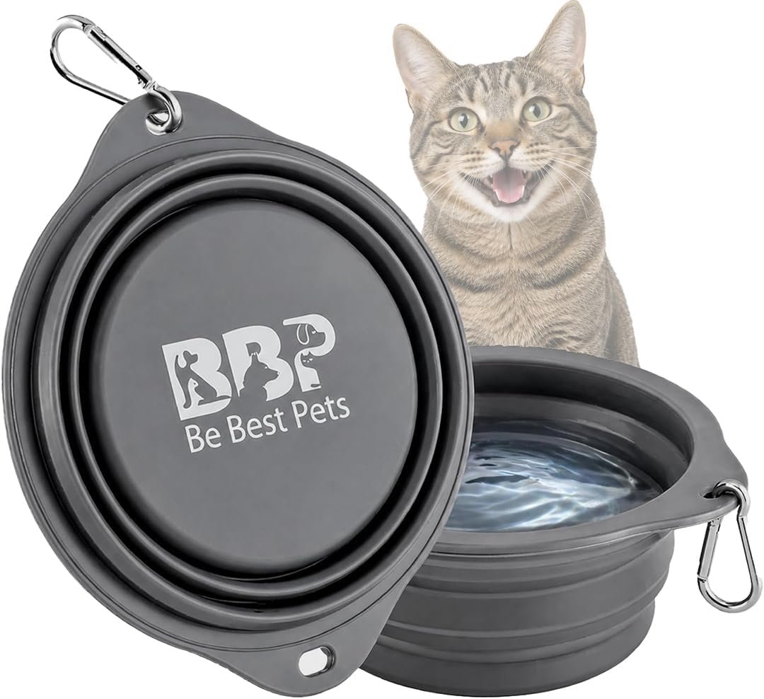 BE BEST PETS Collapsible Dog Bowl 28 oz – Foldable Silicone Pet Travel Bowl with Clip – Leak-Resistant Portable Pet Bowl for Food & Water Dish – Lightweight Pet Bowl for Dogs & Cats – Grey (Large)