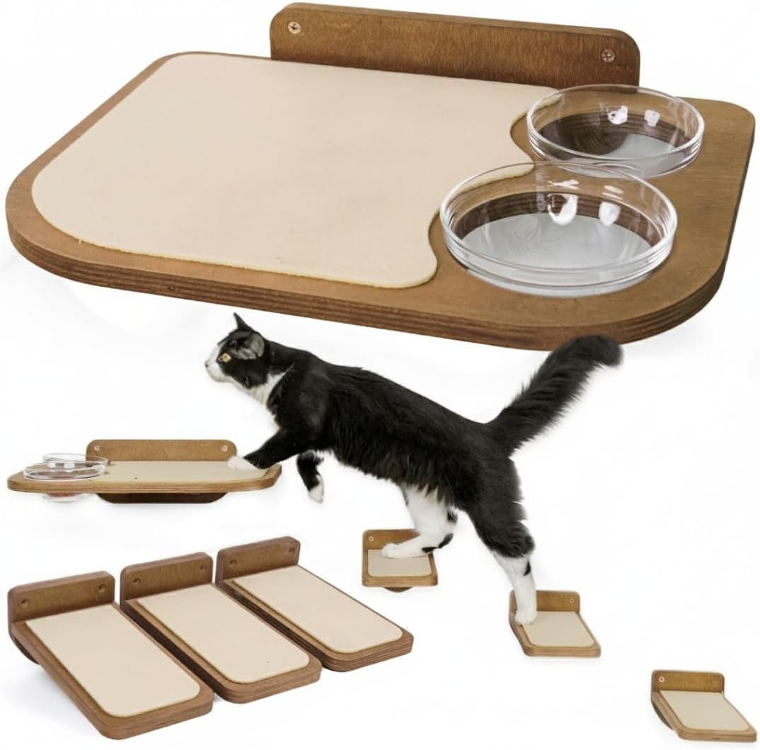 INICIO Cat Shelves – Feeding Shelf with 3 Cat Wall Steps – Natural Wood | Cat Wall Shelves with Wall Mounted Cat Food Bowls – Dog Proof Feeding Station and Convenient Feeder for Cats up to 15lbs