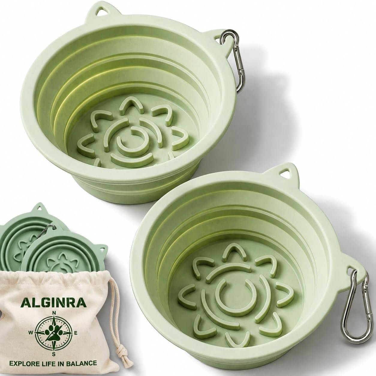 Collapsible Dog Bowls 2 Pack (22oz Each) – Portable Foldable Silicone Travel Bowl Set with Slow Feeder & Carabiner Clip for Hiking Camping Backpack | Dishwasher Safe | for Medium Dogs