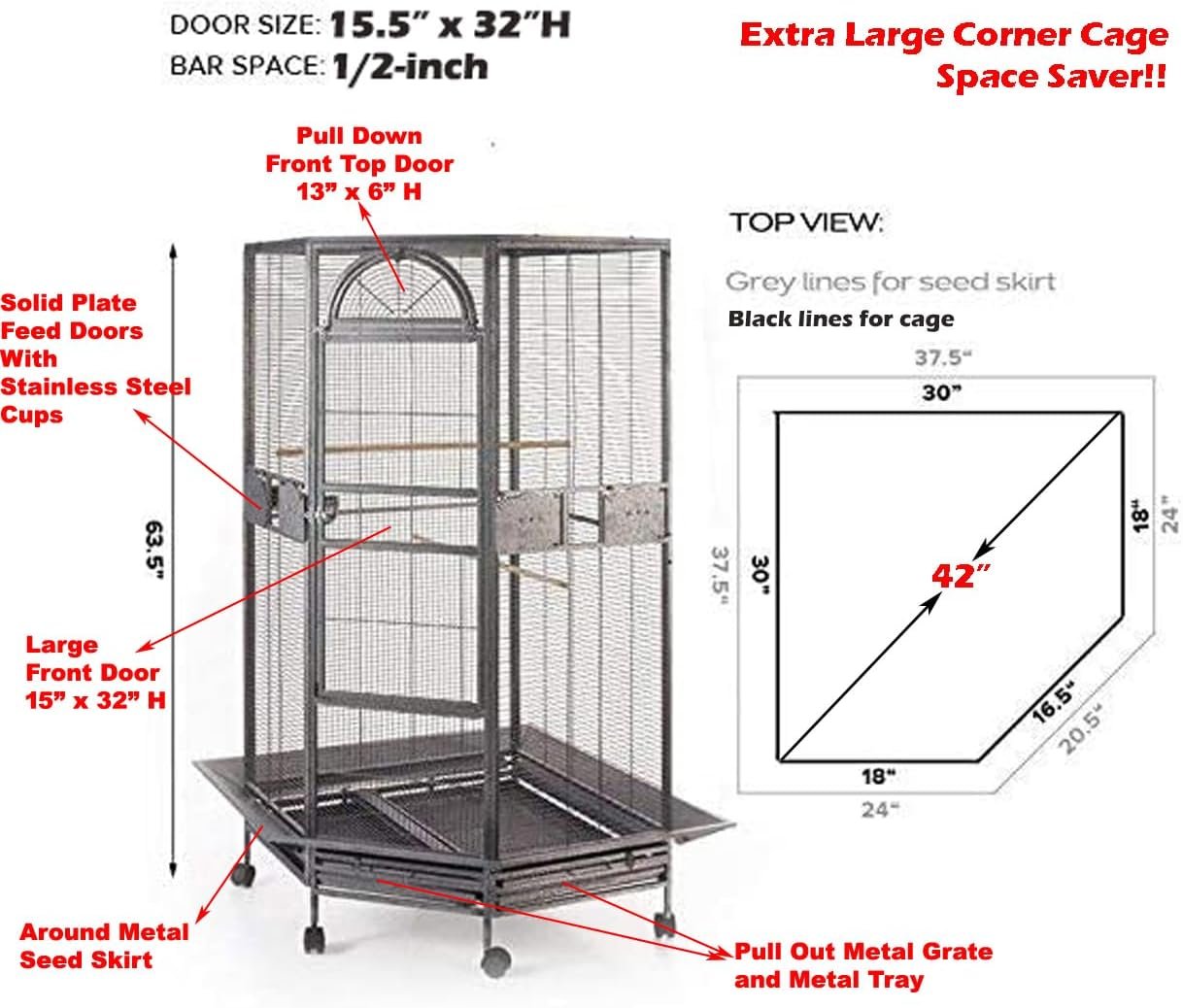 64″ Extra Large Corner Bird Flight Breeding Wrought Iron Rolling Parrot Cage Side Solid Metal Plate Feed Doors Pull Out Removable Grate and Tray with Around Metal Seed Guard