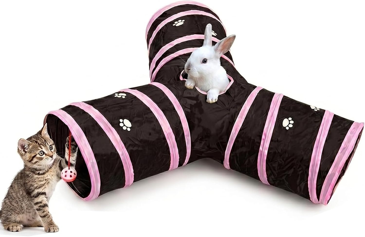 Cats Bunny Tunnel Tube Pink,3 Way Collapsible Small Animal Play Tunnel Toys with Ball for Indoor Cat Kitten Bunny Rabbit Ferret Small Animals (Black@Pink)