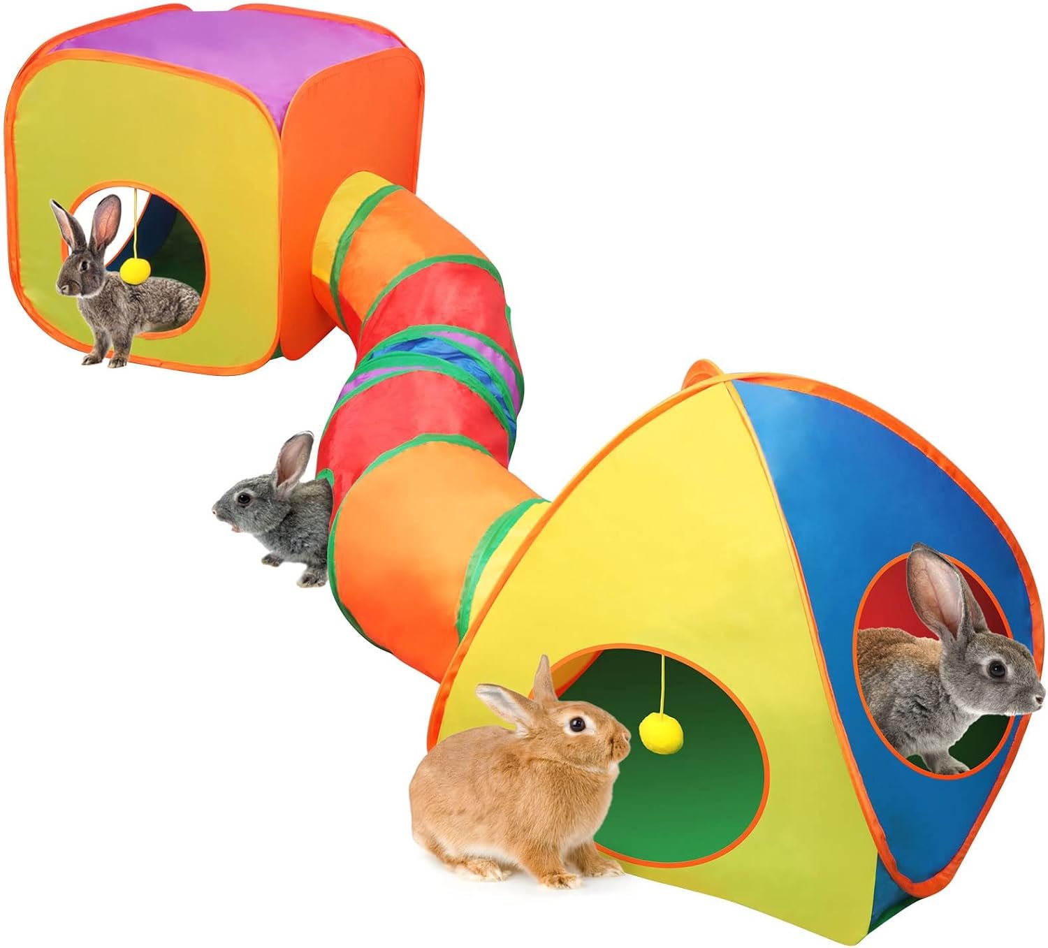 YUEPET Rabbit Tunnel & Cube Tent, Bunny Hideout, Guinea Pig Tunnel, Rainbow | Foldable 3-in-1 Set, Bunny Tunnel, Crinkle Fabric, Play Ball Included, Configurable Shapes, Rainbow Design