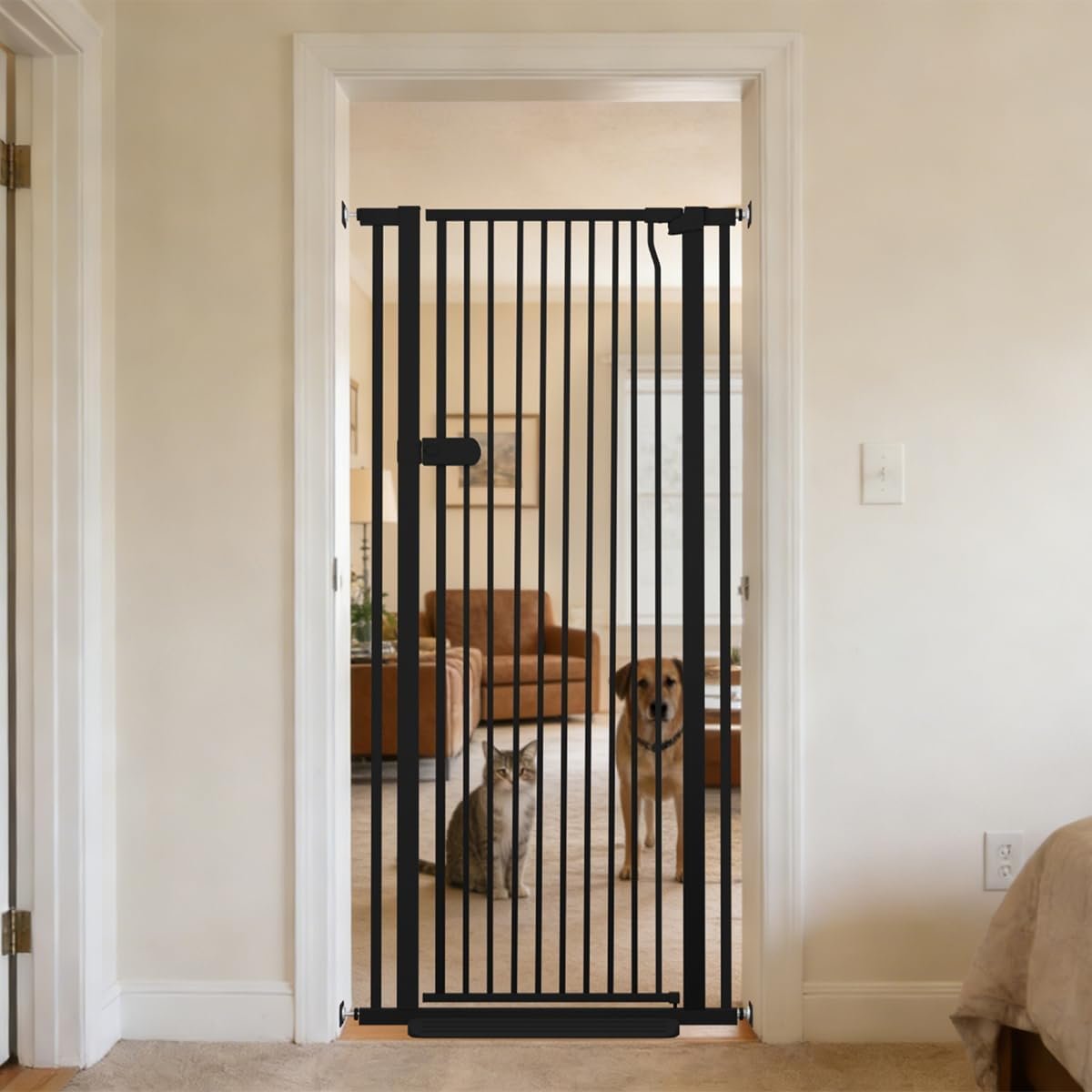 Lumizone Extra Tall Cat Gate 61.02″ High 29.92″-34.24″ Wide Pet Gate Black | Dog Gate for Doorway Hallway Stairs Pressure Mounted Extra Wide 1.37″ Gap No Drilling Auto-Close One-Handed Operation